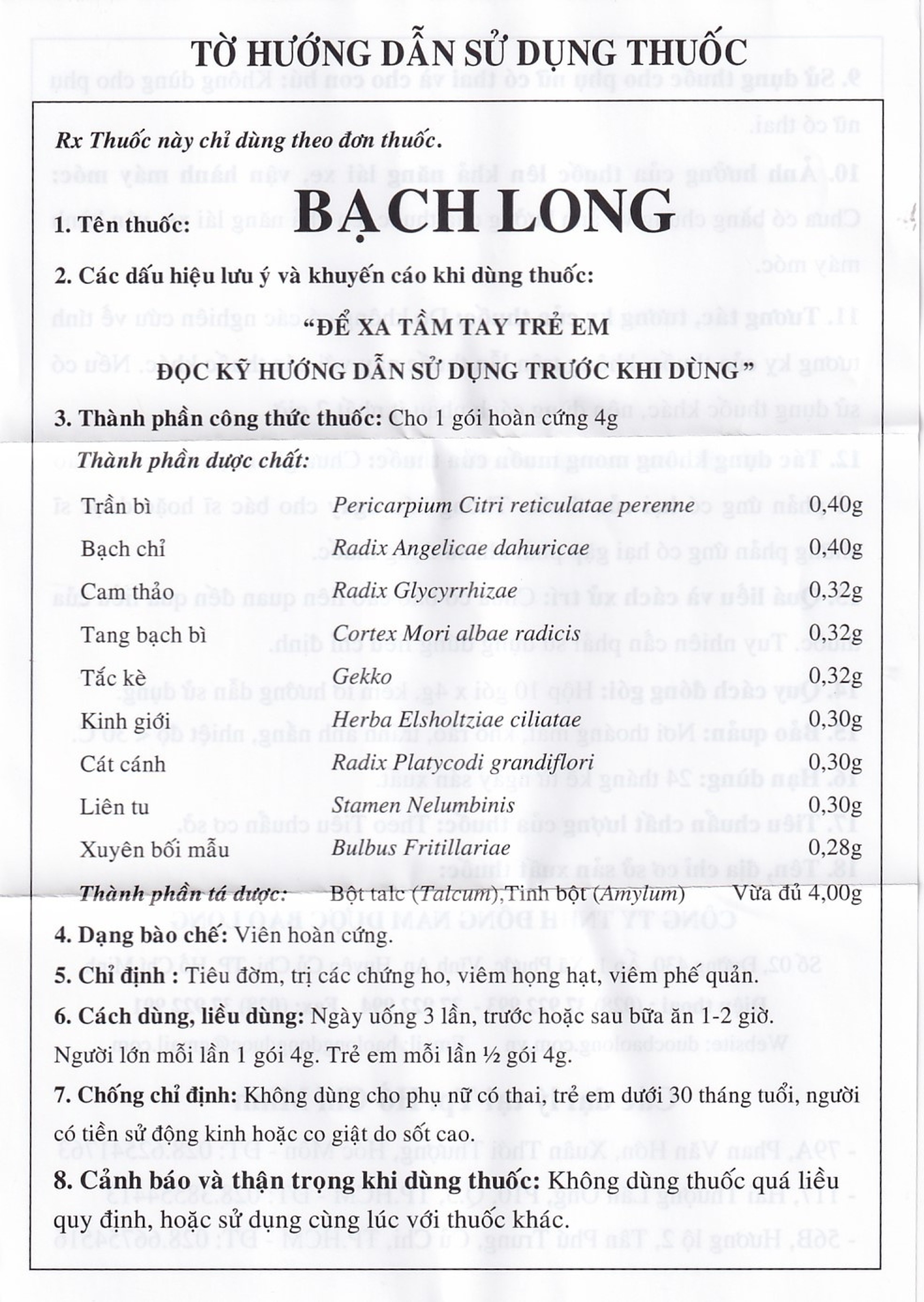 Thuốc Bạch Long Bổ Phổi Trừ Ho tiêu đờm, trị các chứng ho, viêm họng hạt, viêm phế quản (10 gói)