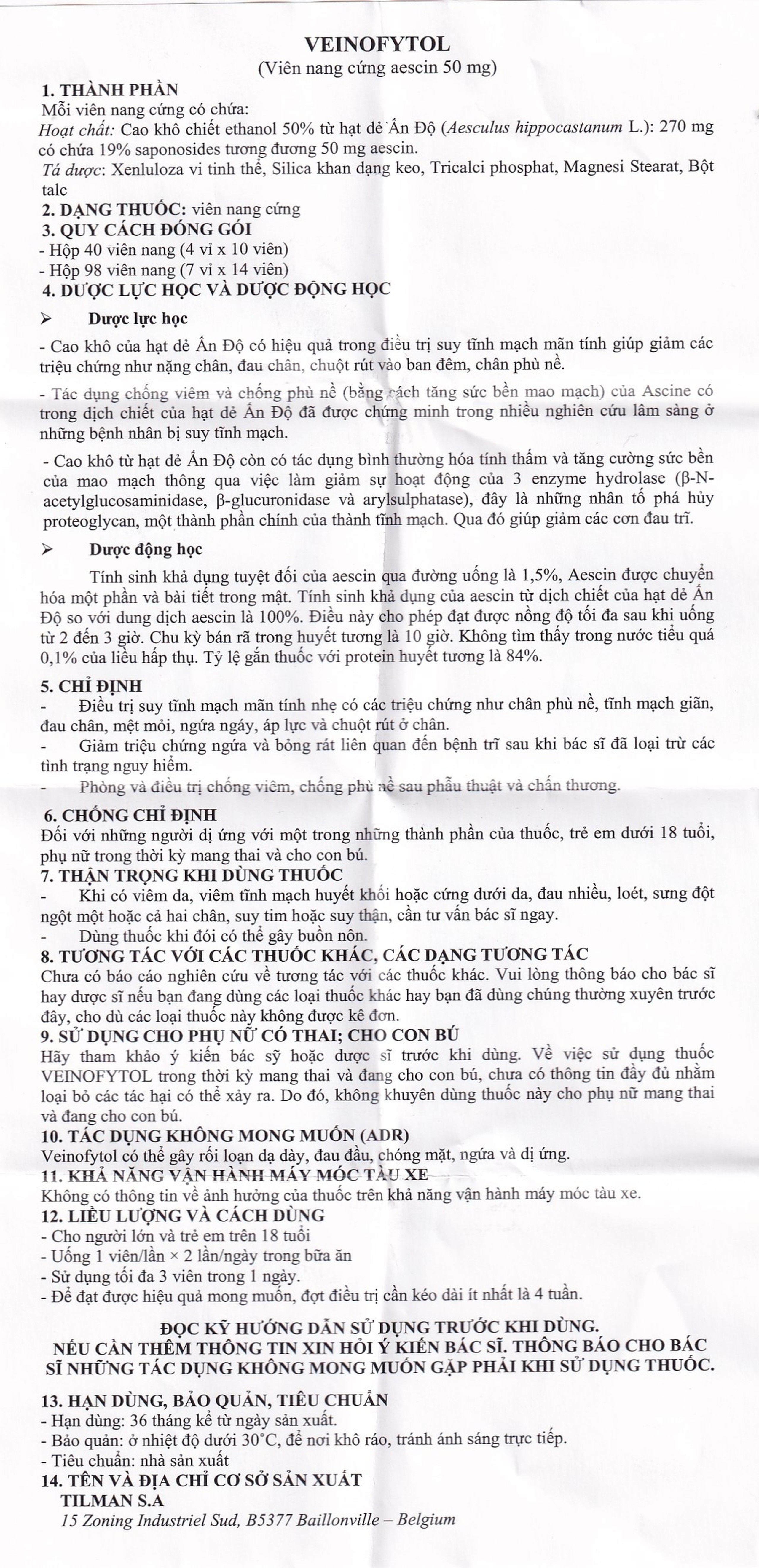 Thuốc Veinofytol Tilman điều trị suy tĩnh mạch mãn tính nhẹ (4 vỉ x 10 viên)