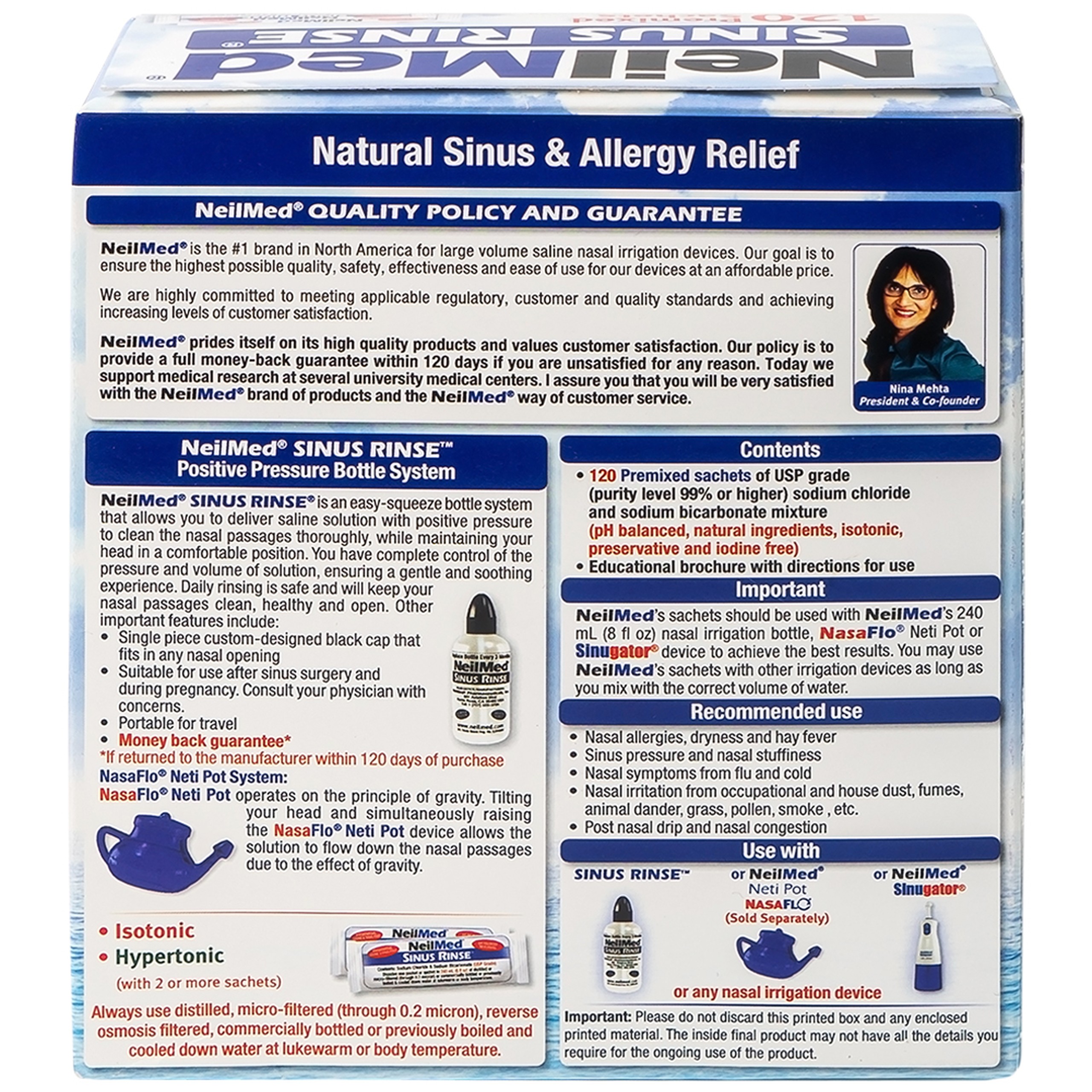 Bột pha rửa mũi Neilmed Sinus Rinse (120 gói) All Natural Sinus Relief làm sạch và ngăn ngừa viêm xoang, viêm mũi dị ứng