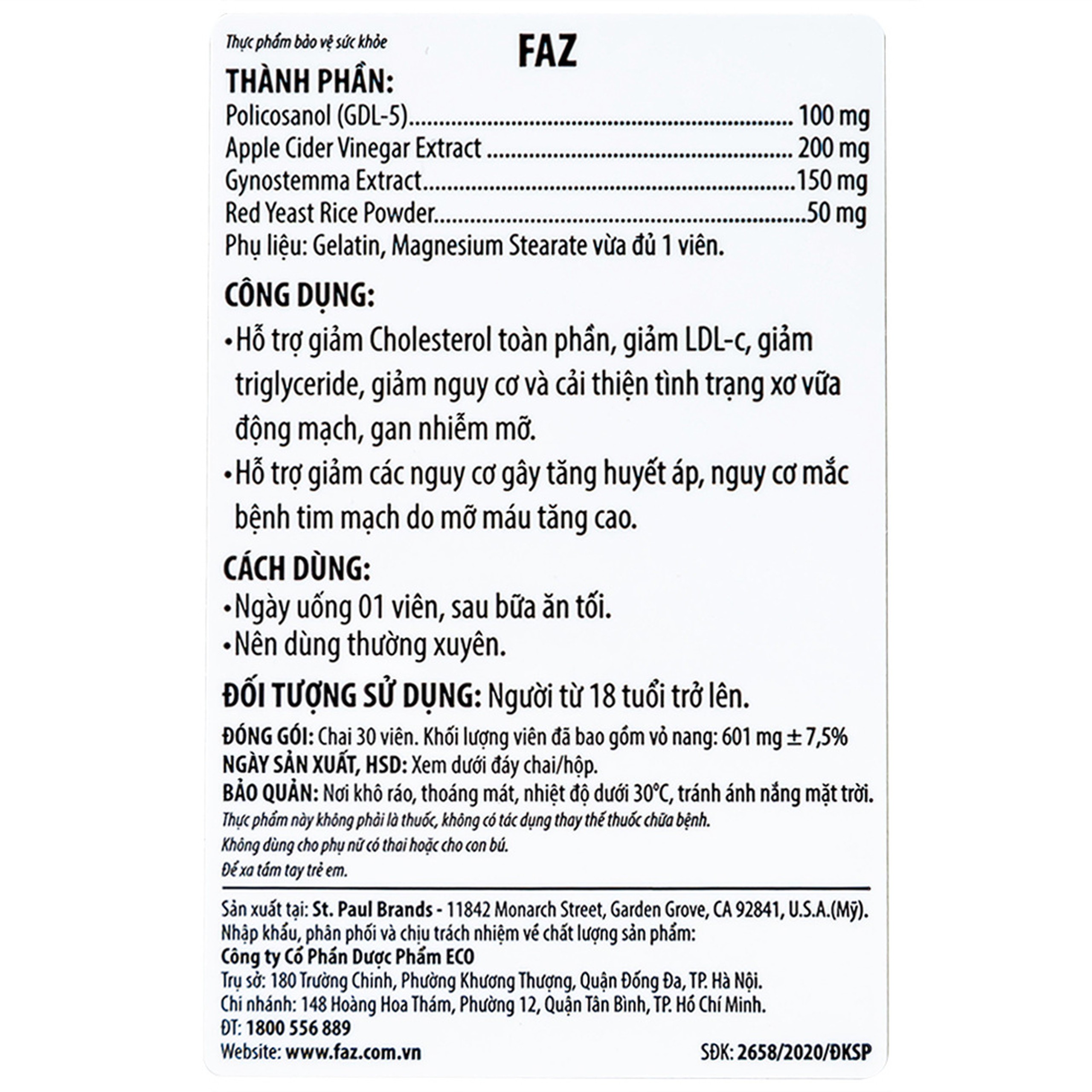 Viên uống hỗ trợ giảm cholesterol toàn phần giảm LDL-c Ecogreen FAZ (30 viên)