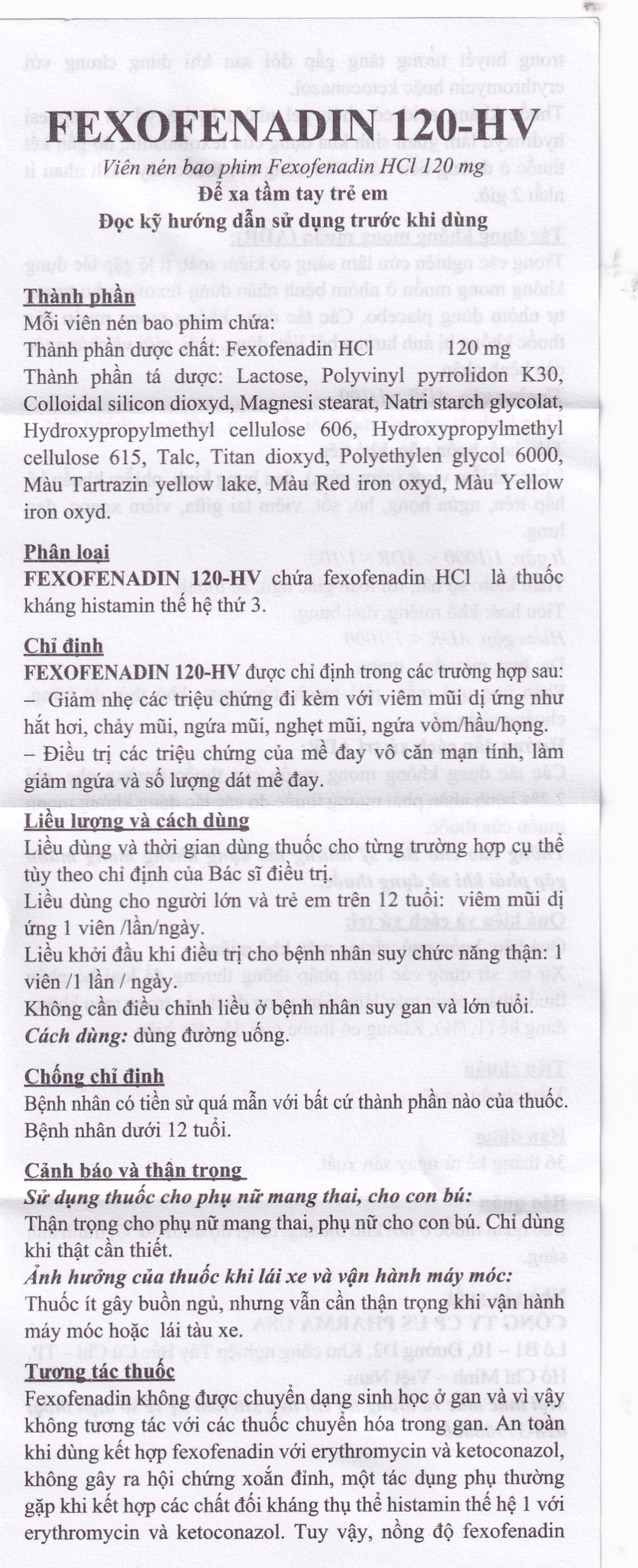 Thuốc Fexofenadin 120-HV USP điều trị viêm mũi dị ứng theo mùa, mày đay mạn tính vô căn (10 vỉ x 10 viên)