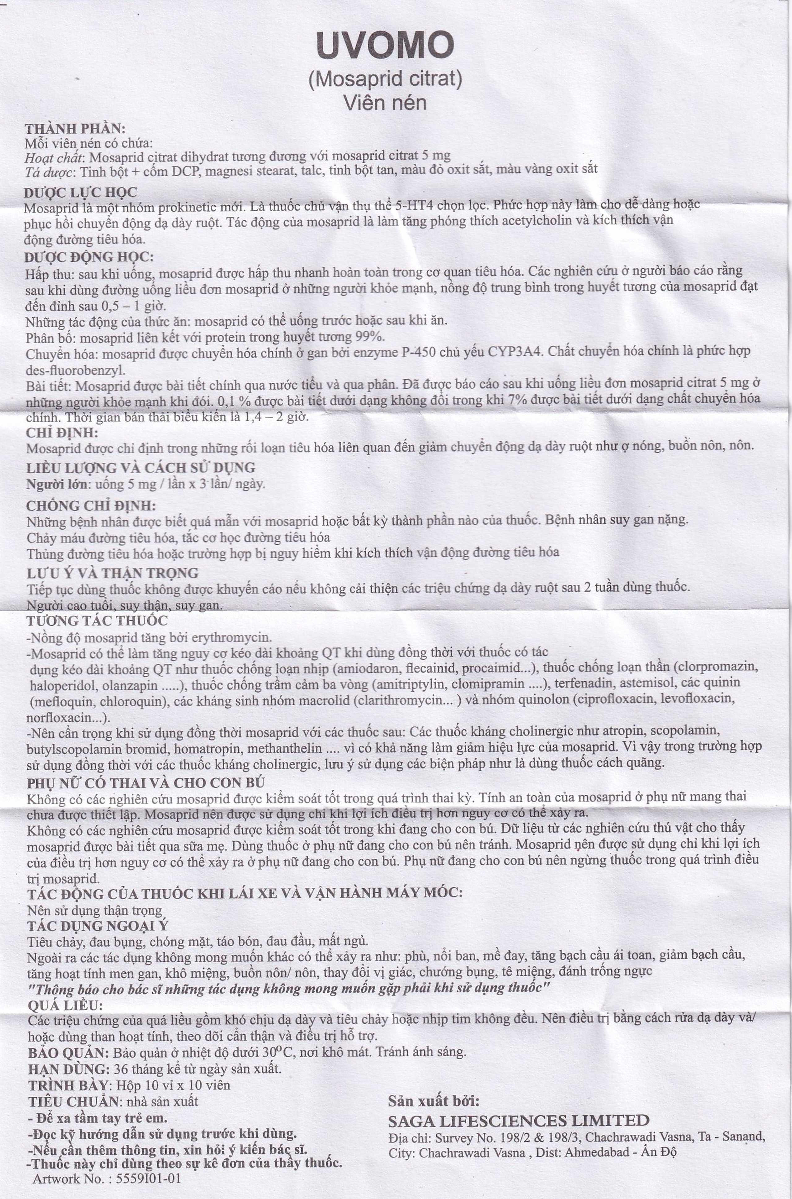 Thuốc Uvomo Saga điều trị rối loạn tiêu hóa (10 vỉ x 10 viên)