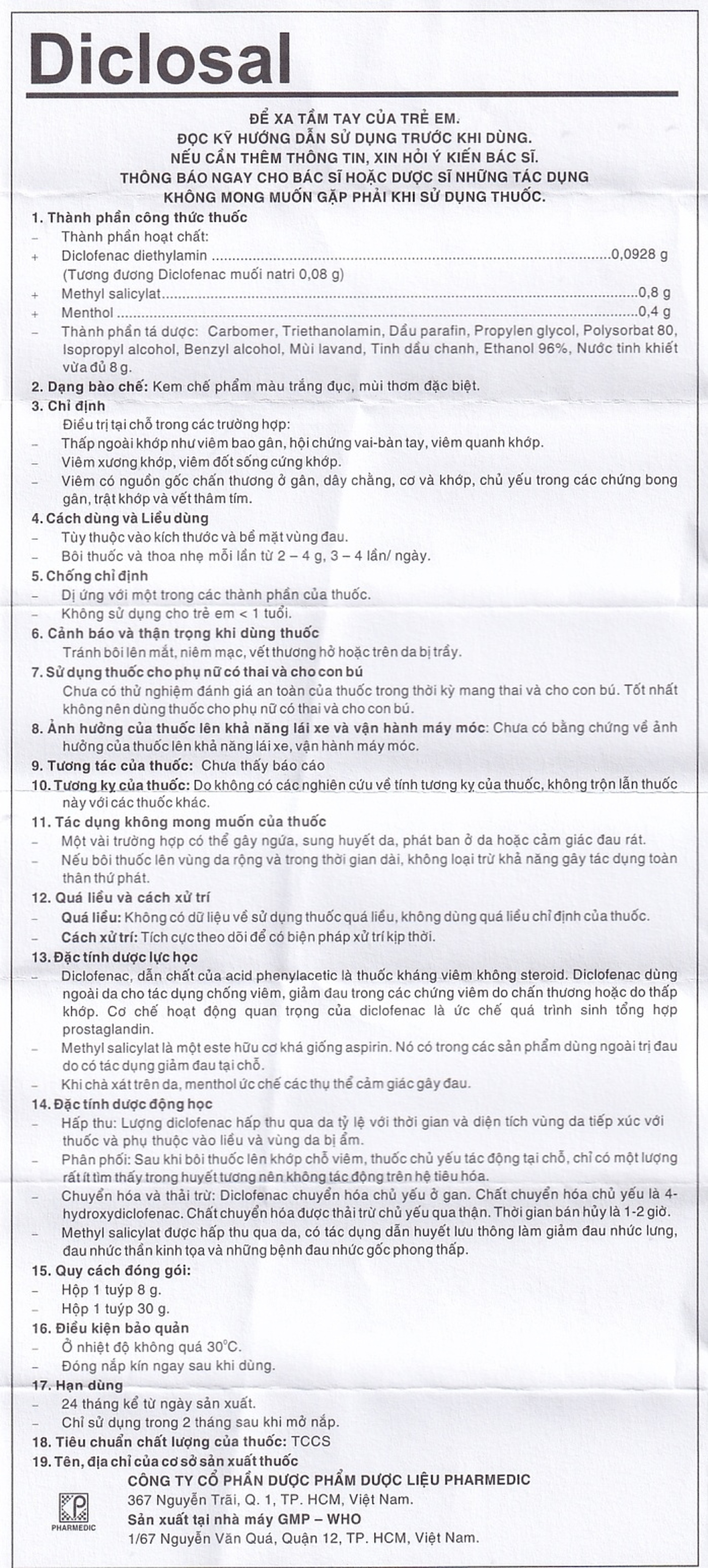 Kem bôi da Diclosal Cream Pharmedic điều trị thấp ngoài khớp, viêm xương khớp (8g)