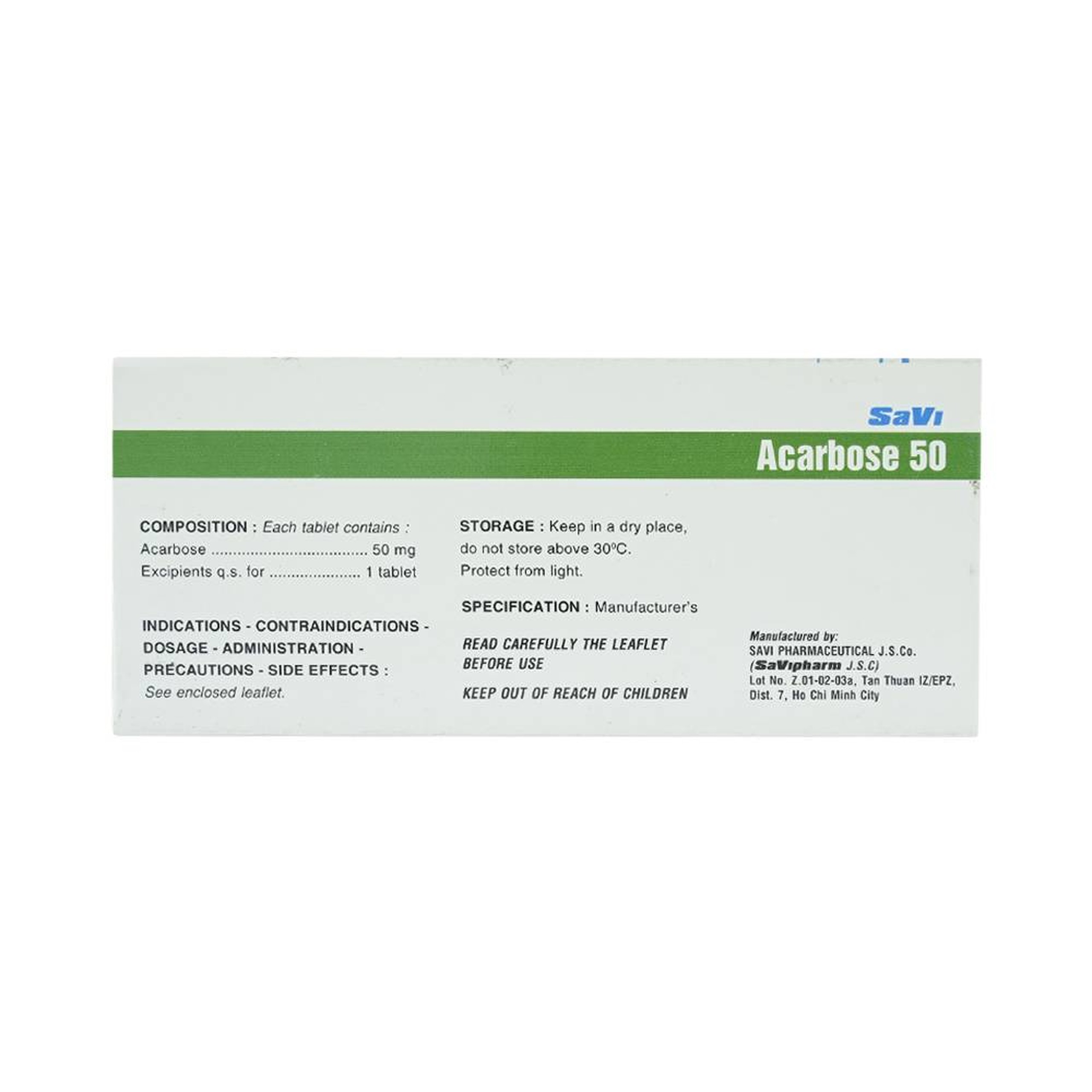 Thuốc Acarbose 50 SaVi điều trị đái tháo đường (10 vỉ x 10 viên)