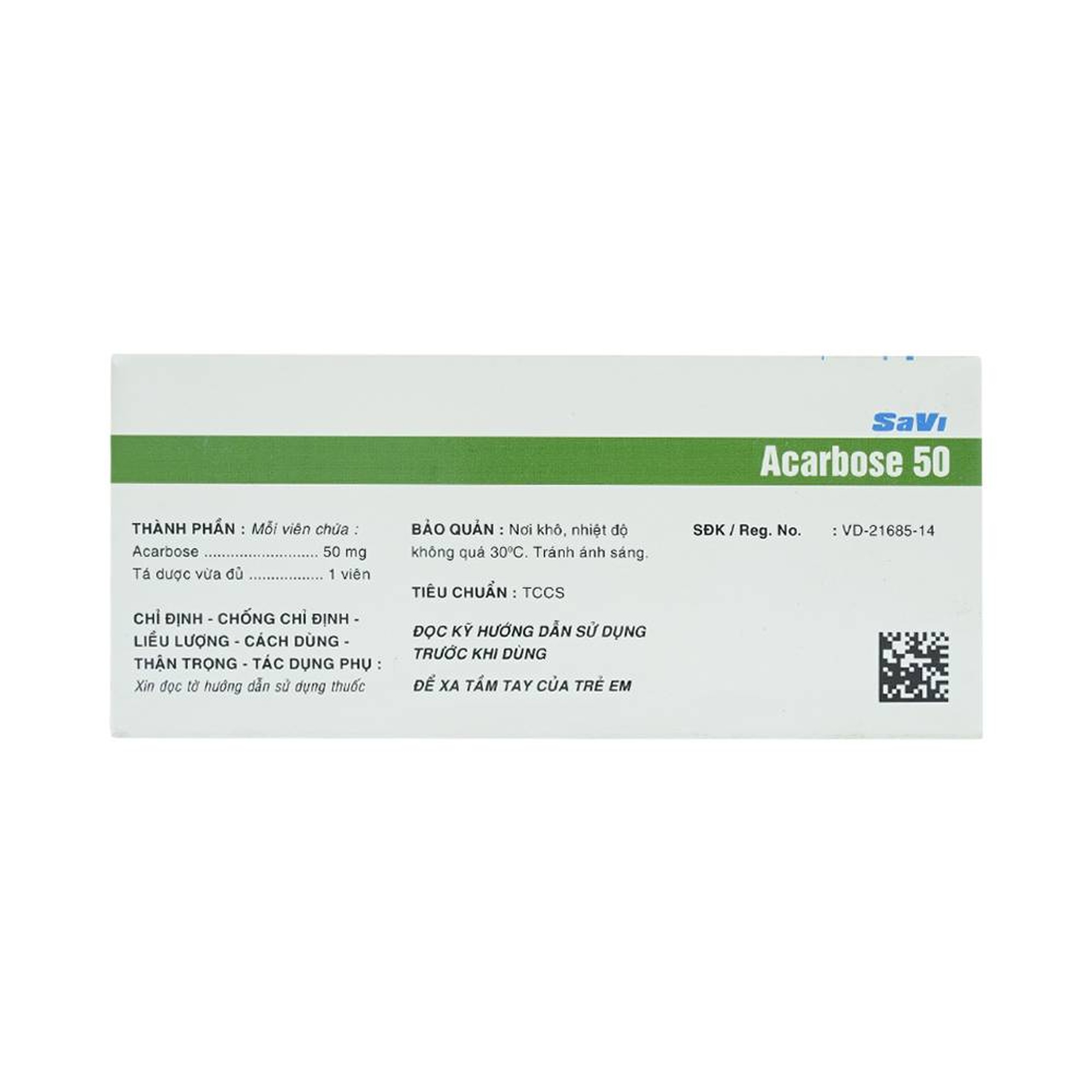 Thuốc Acarbose 50 SaVi điều trị đái tháo đường (10 vỉ x 10 viên)