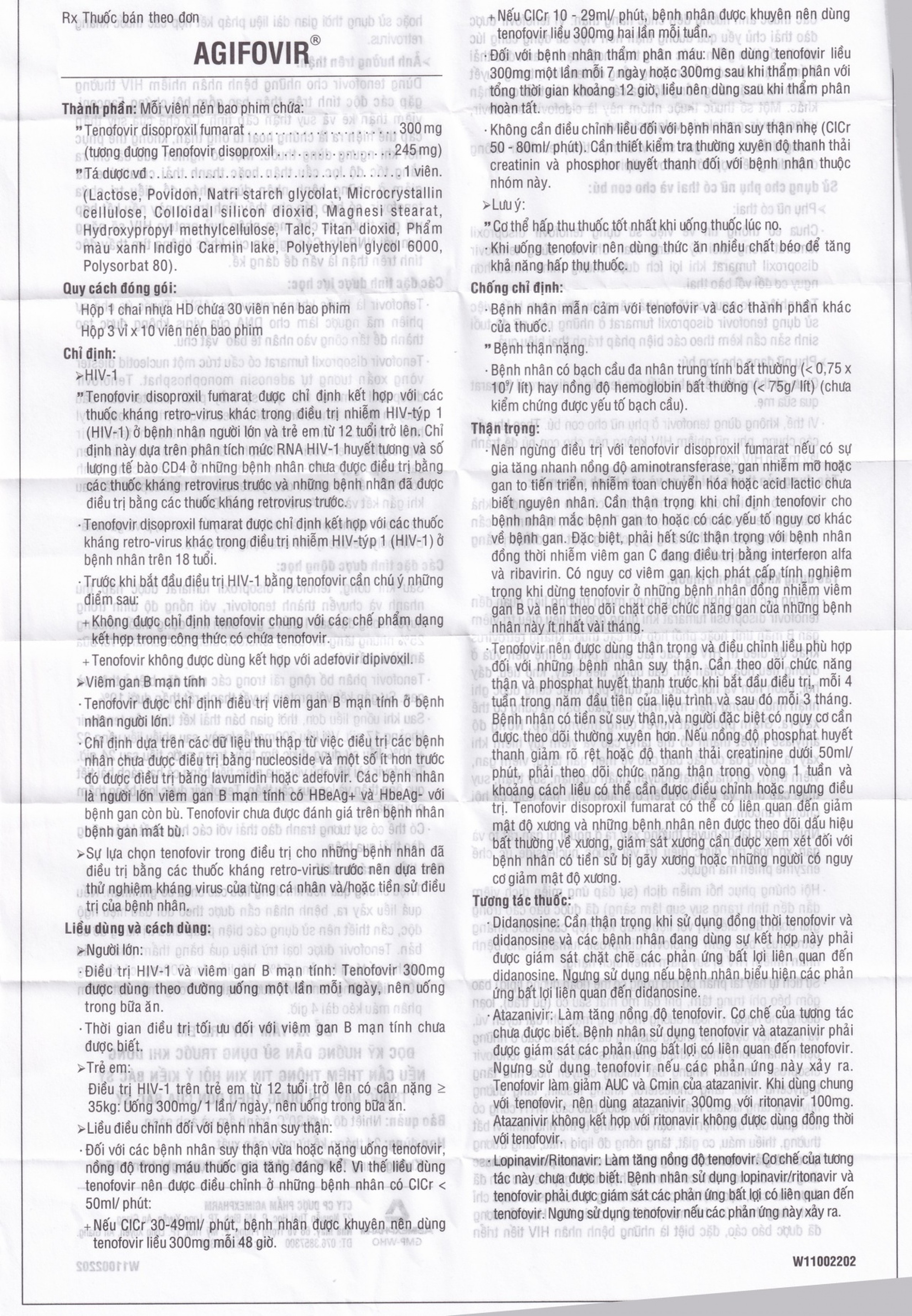 Thuốc Agifovir 300mg Agimexpharm hỗ trợ điều trị HIV-1, viêm gan B mạn tính (3 vỉ x 10 viên)
