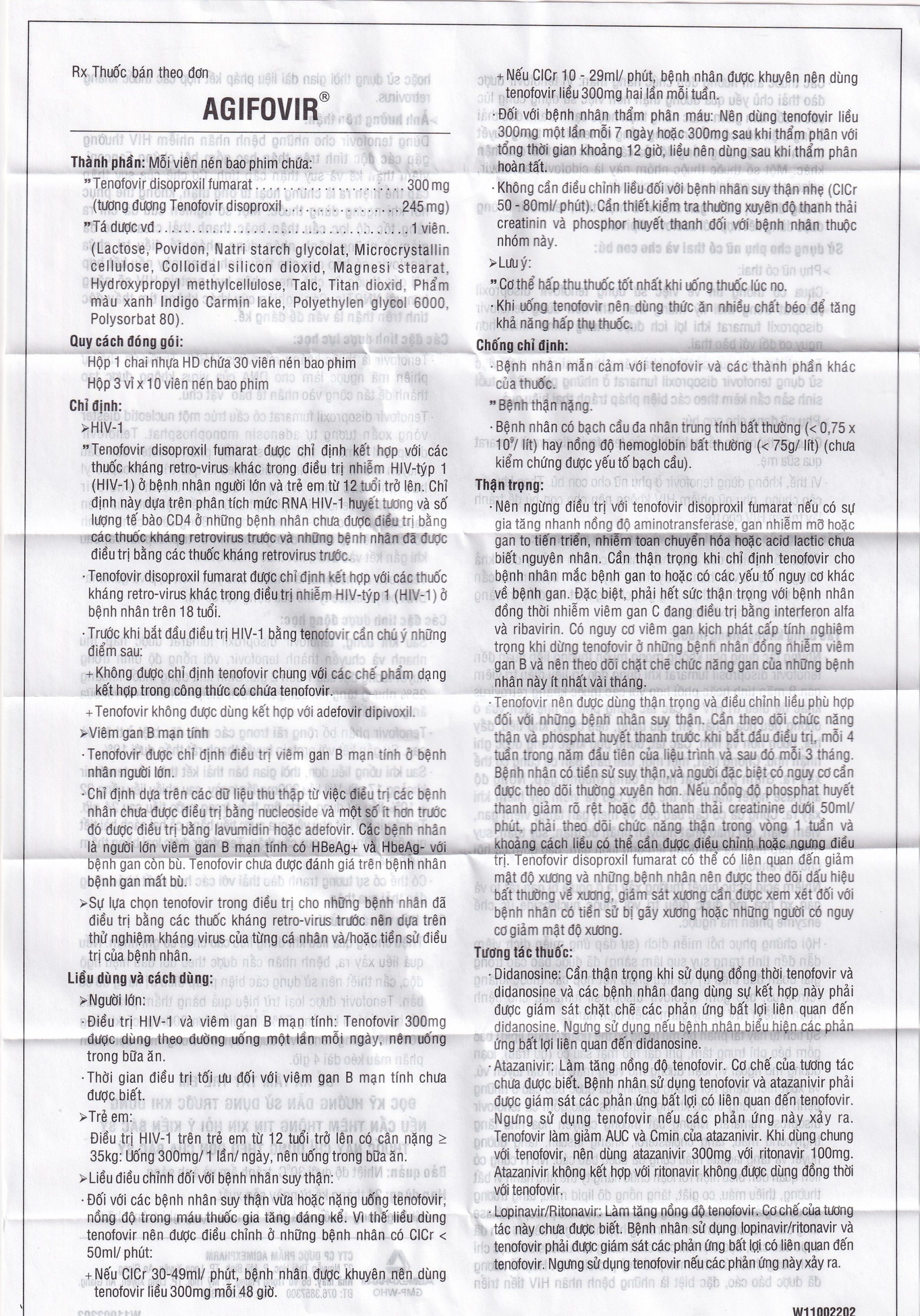 Thuốc Agifovir 300mg Agimexpharm hỗ trợ điều trị HIV-1, viêm gan B mạn tính (3 vỉ x 10 viên)