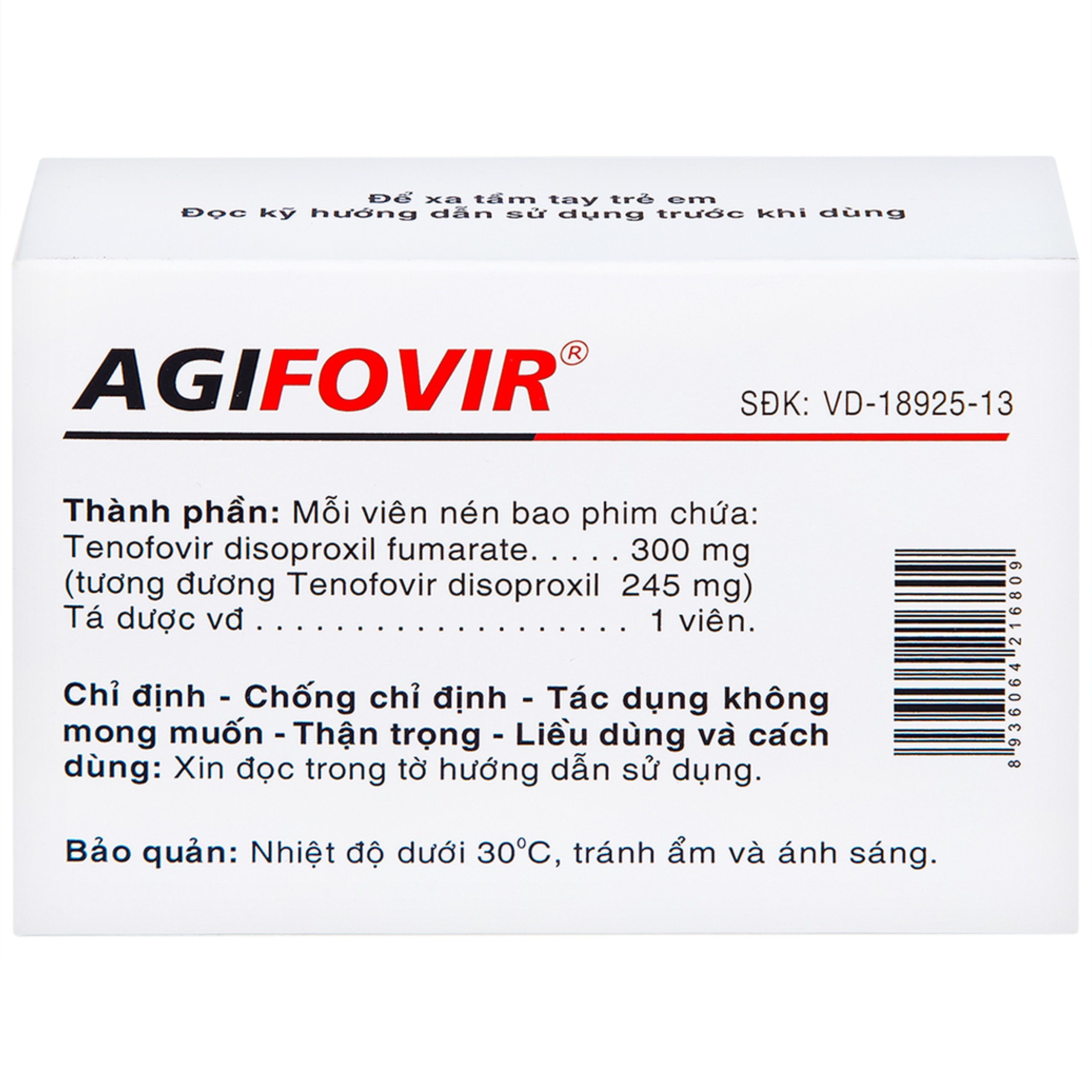 Thuốc Agifovir 300mg Agimexpharm hỗ trợ điều trị HIV-1, viêm gan B mạn tính (3 vỉ x 10 viên)