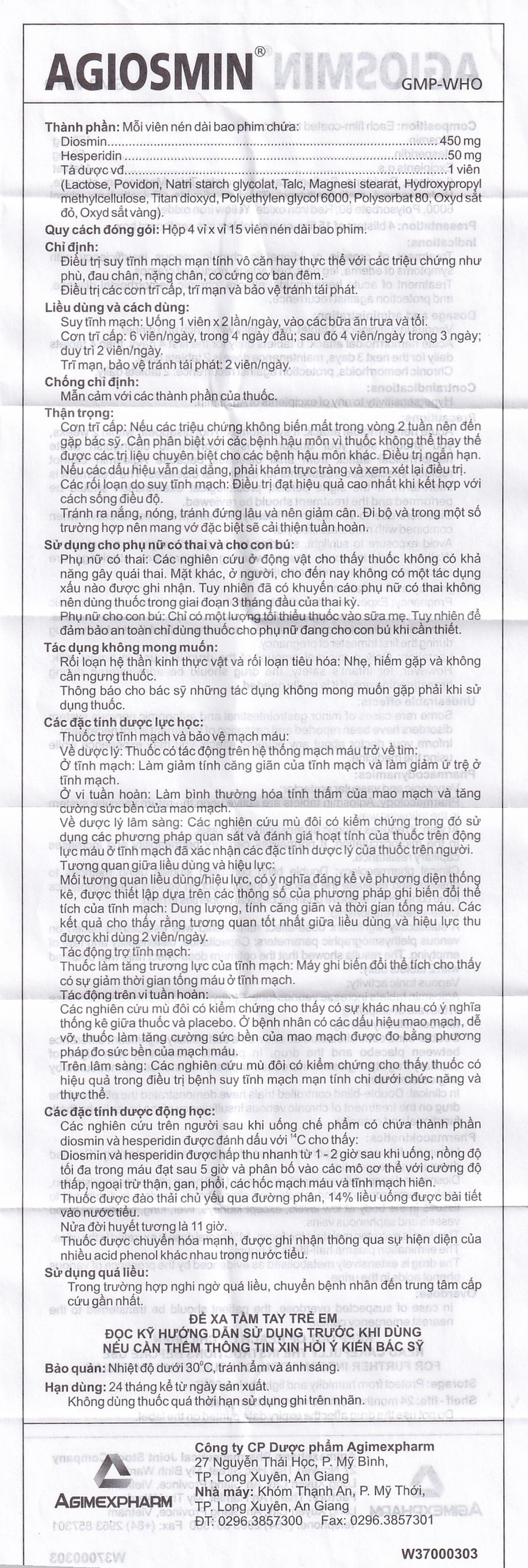 Thuốc Agiosmin Agimexpharm điều trị suy tĩnh mạch mạn tính (4 vỉ x 15 viên)