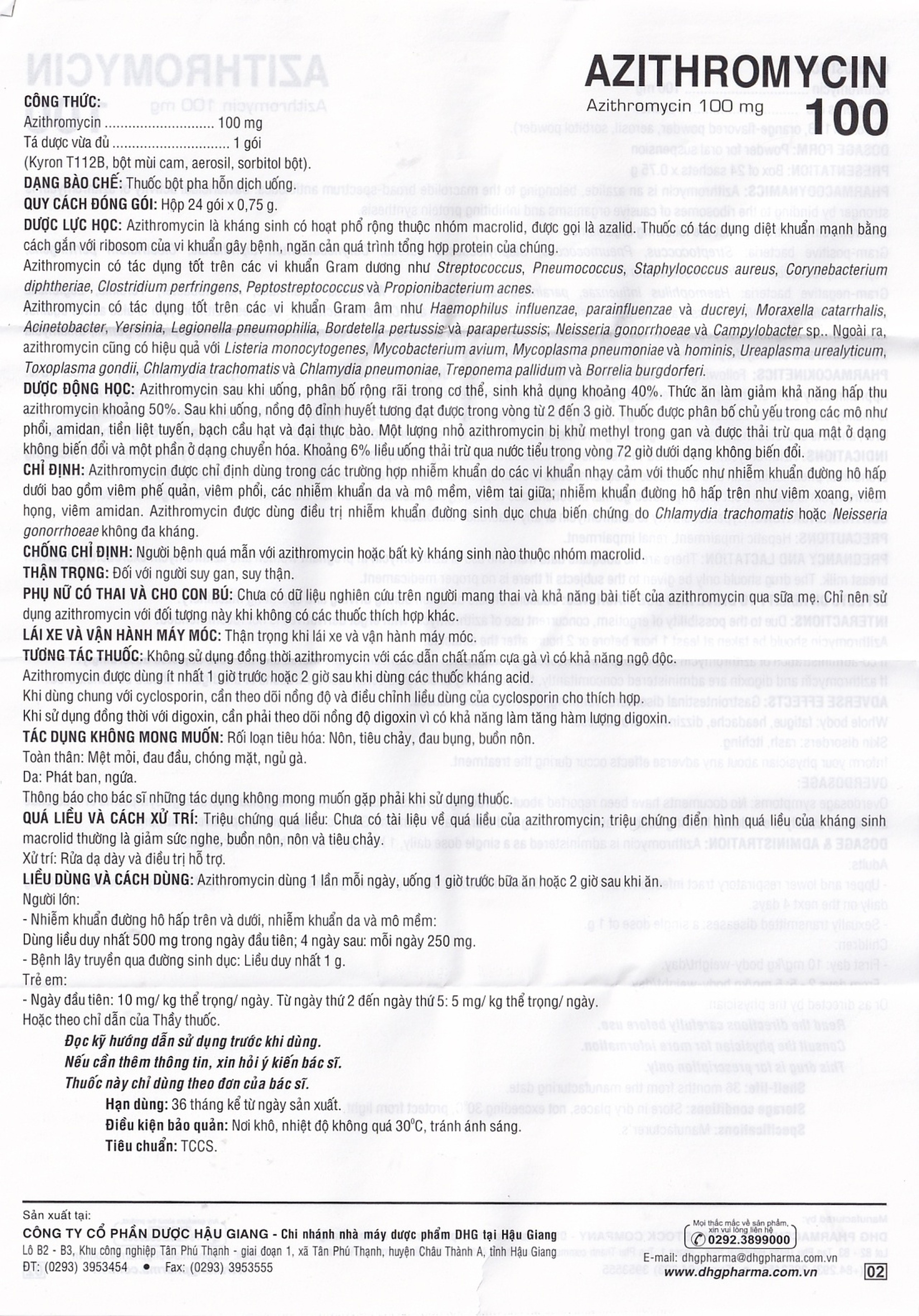 Bột Azithromycin 100 DHG điều trị nhiễm khuẩn (24 gói)