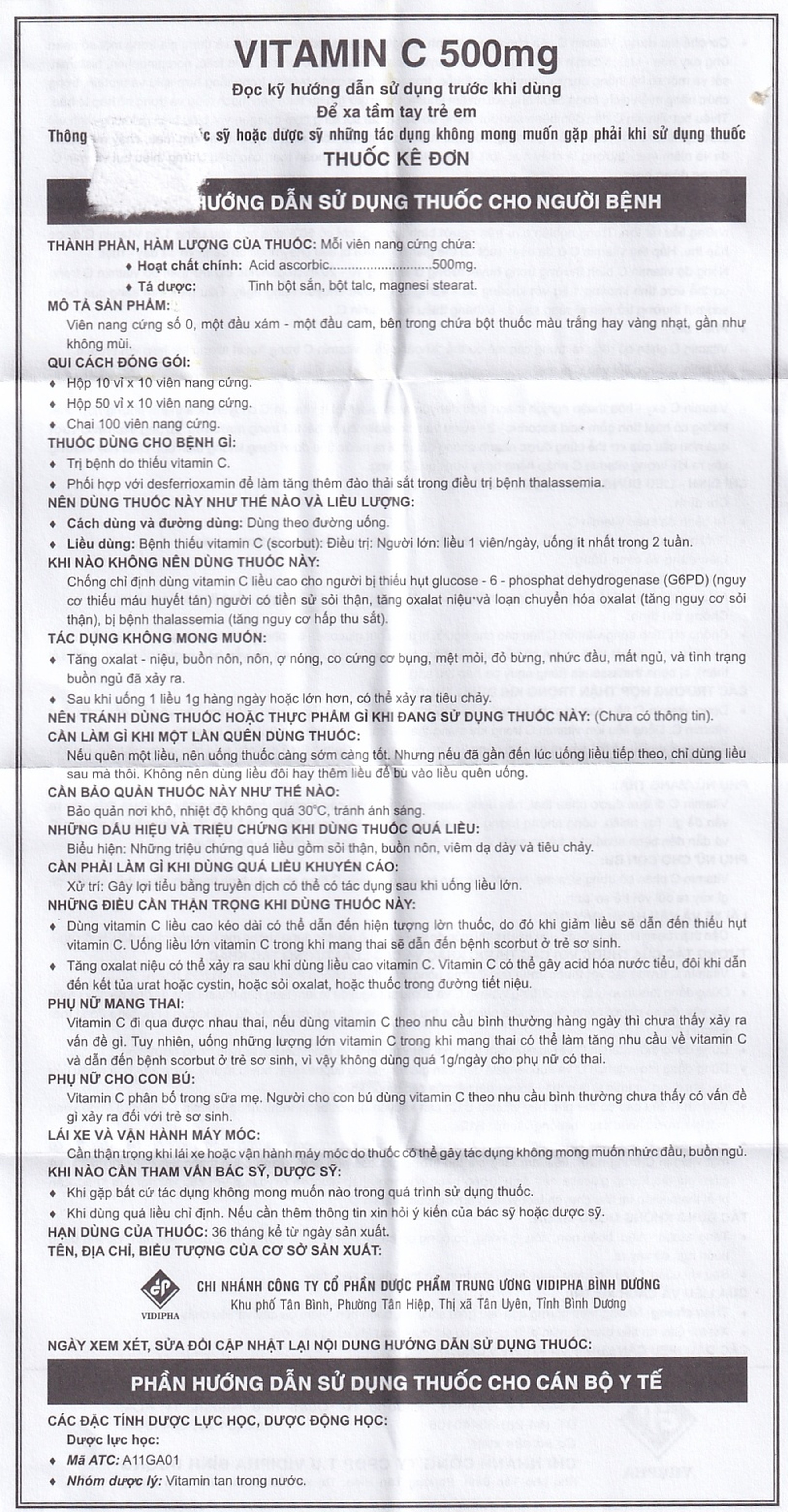 Thuốc Vitamin C 500mg Vidipha điều trị bệnh do thiếu Vitamin C (100 viên)
