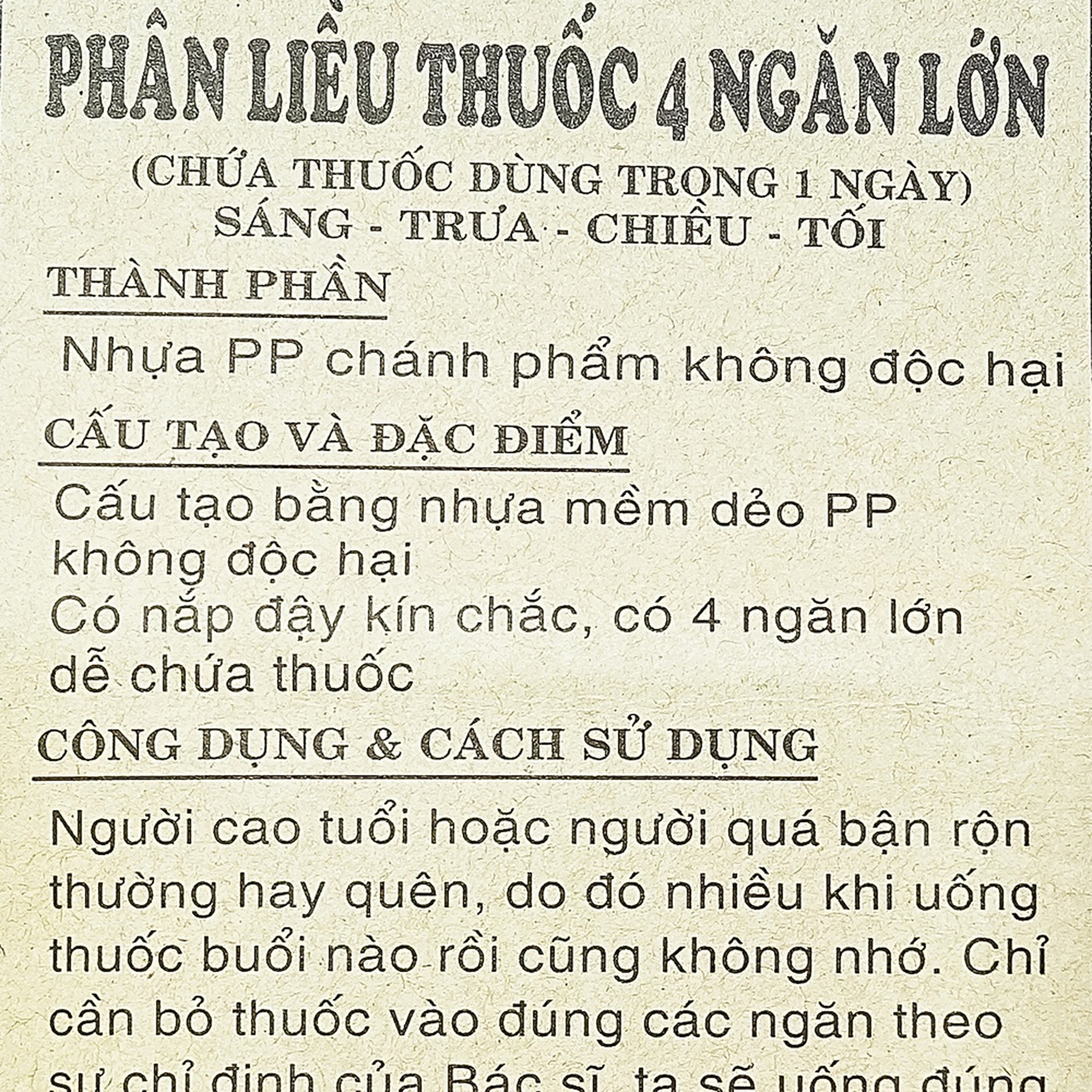Hộp phân liều thuốc 4 ngăn vuông lớn giúp phân chia liều lượng thuốc trong ngày