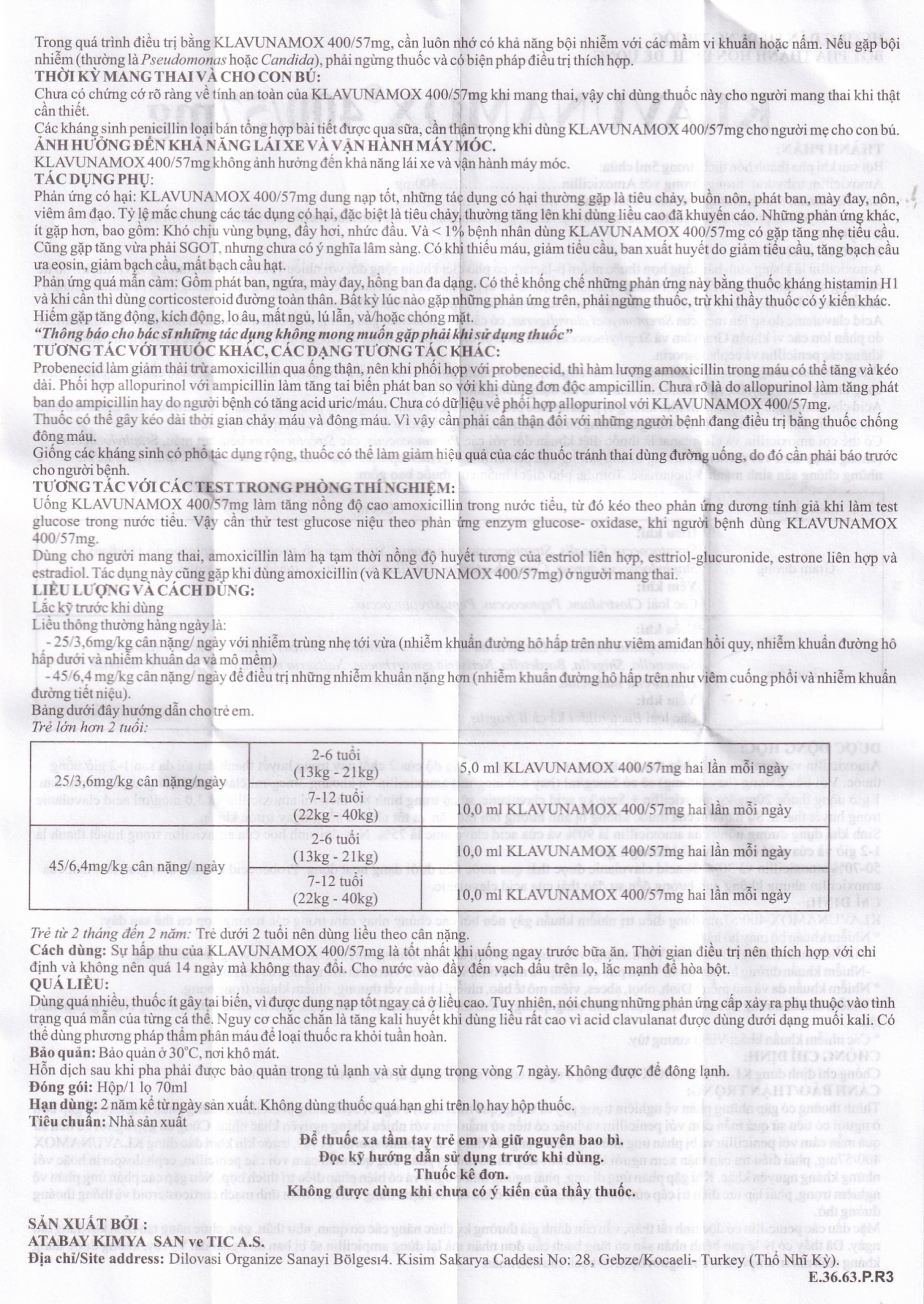 Bột pha hỗn dịch uống Klavunamox 400/57mg Atabay điều trị nhiễm khuẩn nặng đường hô hấp (70ml)