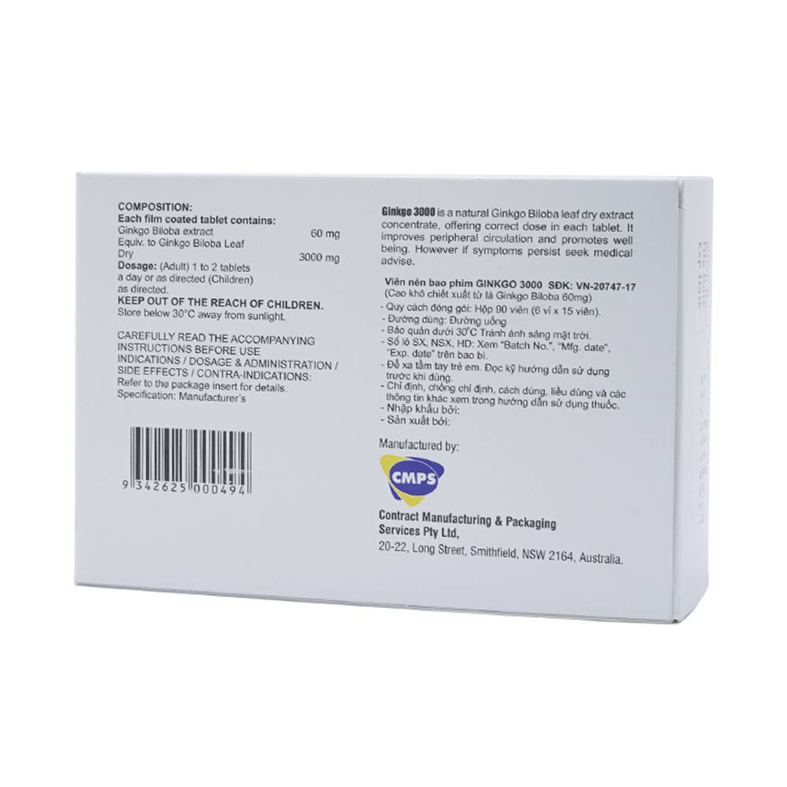 Thuốc Ginkgo 3000 CMPS điều trị suy giảm tuần hoàn máu (6 vỉ x 15 viên)