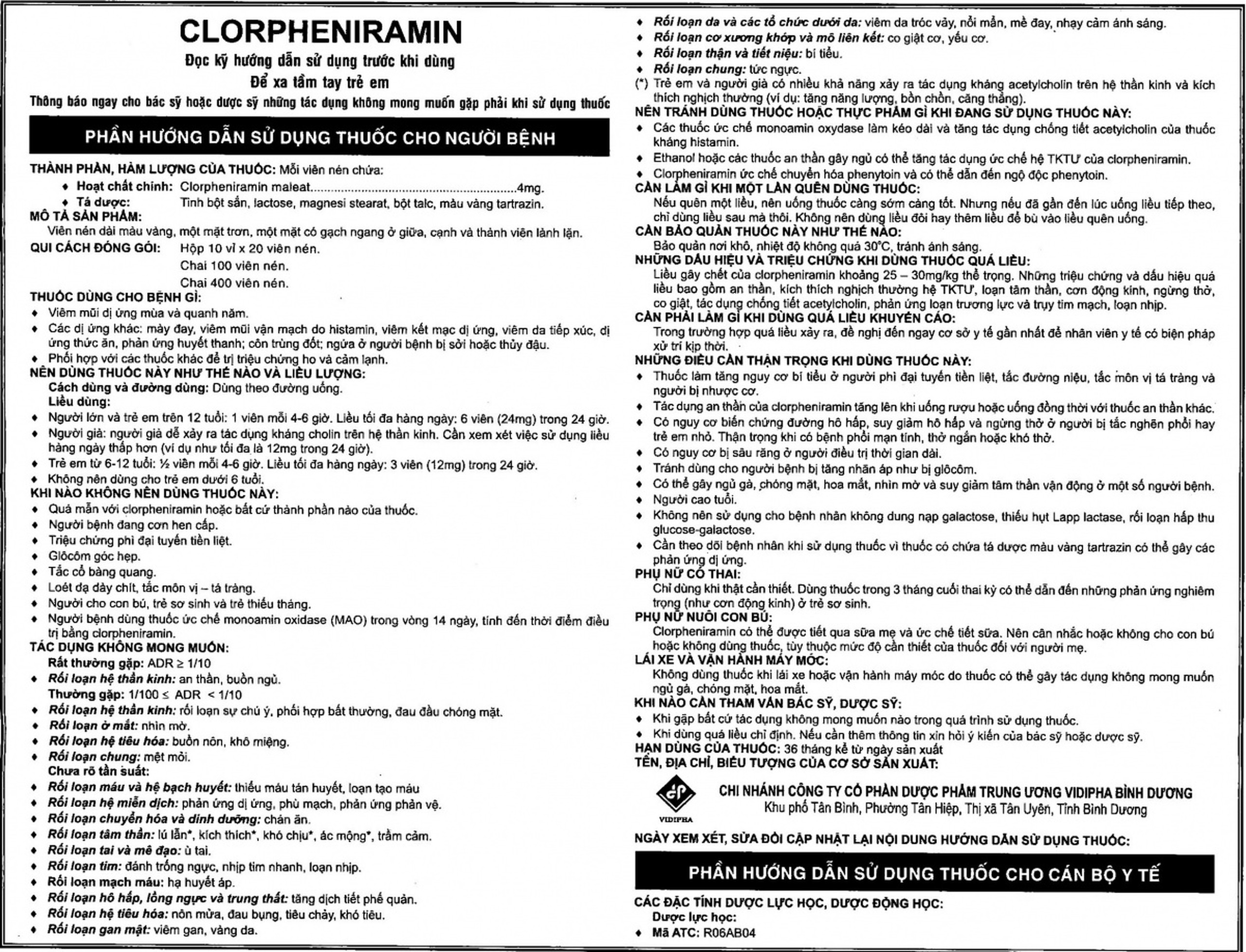 Thuốc Clorpheniramin Vidipha điều trị viêm mũi dị ứng theo mùa, quanh năm và mày đay (10 vỉ x 20 viên)