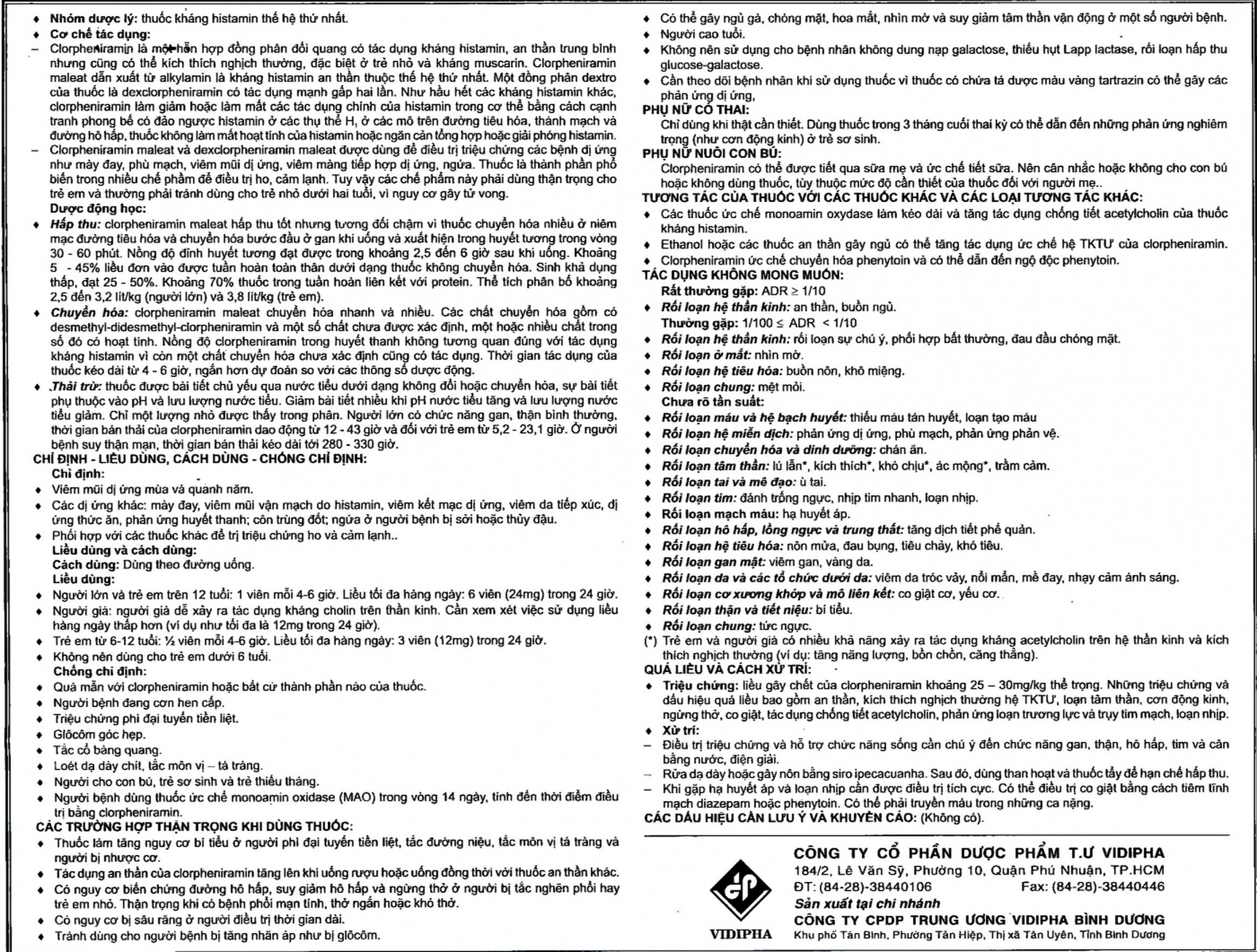 Thuốc Clorpheniramin Vidipha điều trị viêm mũi dị ứng theo mùa, quanh năm và mày đay (10 vỉ x 20 viên)