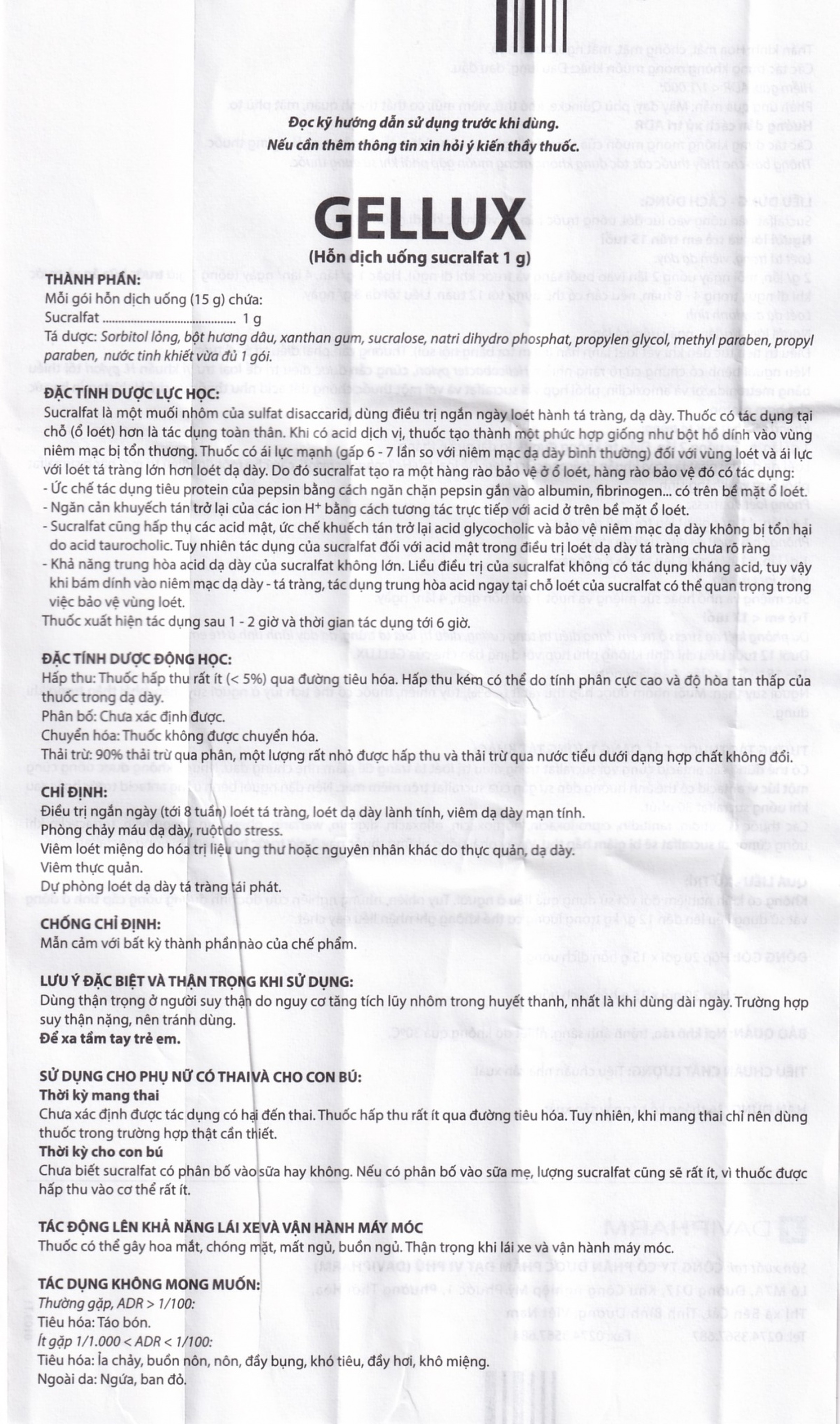 Hỗn dịch uống Gellux 1g Davipharm điều trị ngắn ngày loét tá tràng, dạ dày lành tính (20 gói x 15g)