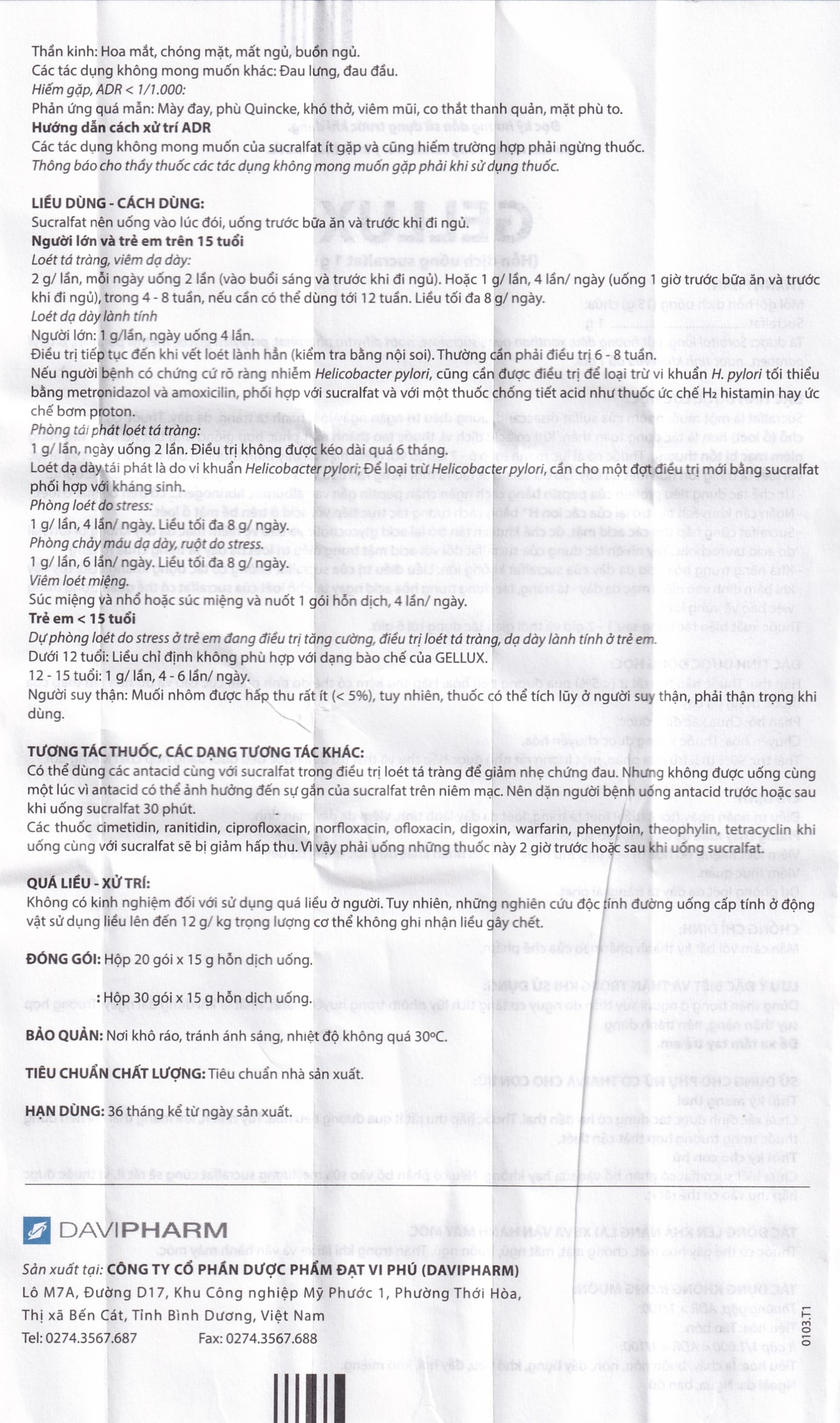 Hỗn dịch uống Gellux 1g Davipharm điều trị ngắn ngày loét tá tràng, dạ dày lành tính (20 gói x 15g)