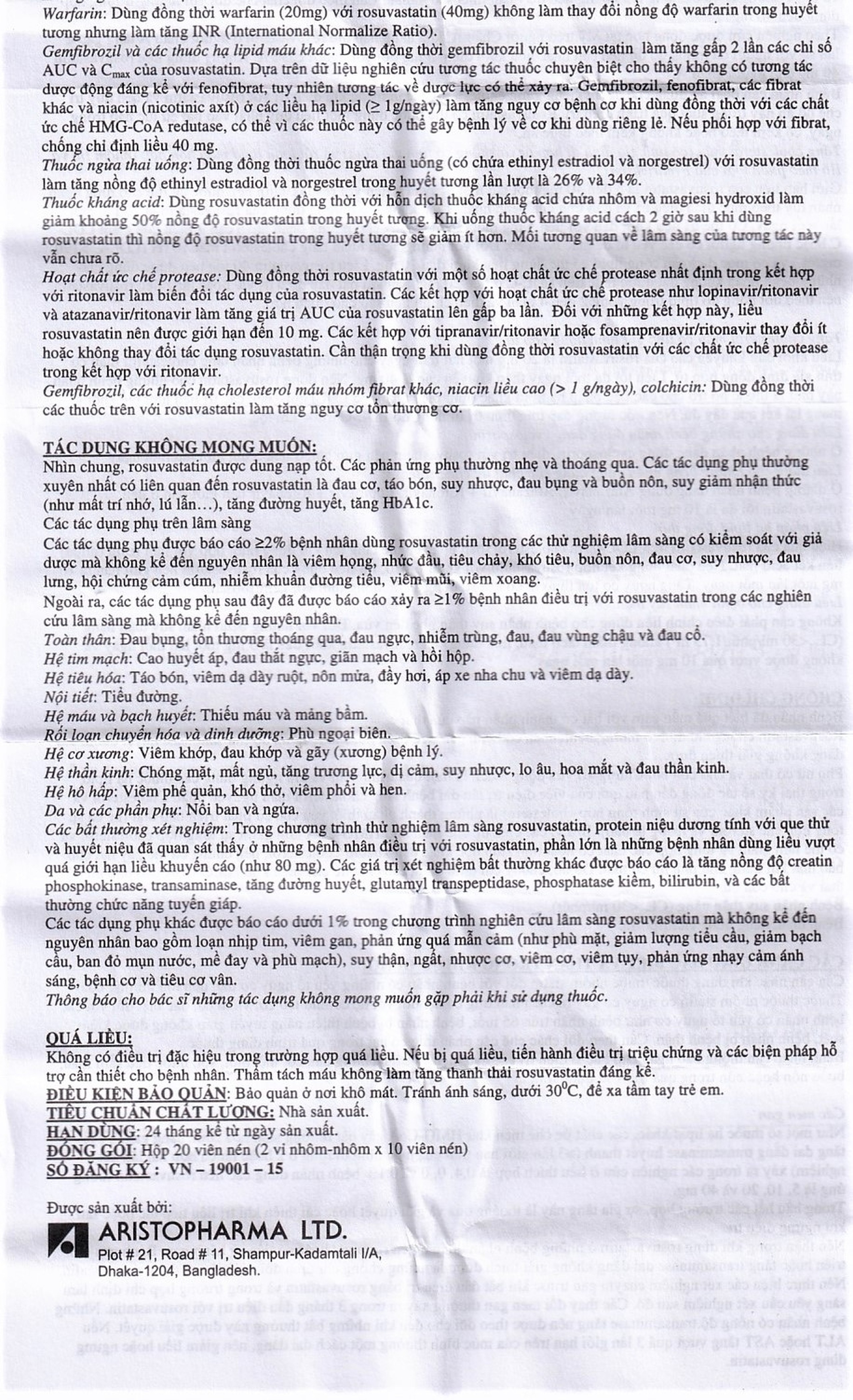 Thuốc Ruvastin 10mg Aristopharma giảm sự gia tăng cholesterol toàn phần (20 viên)