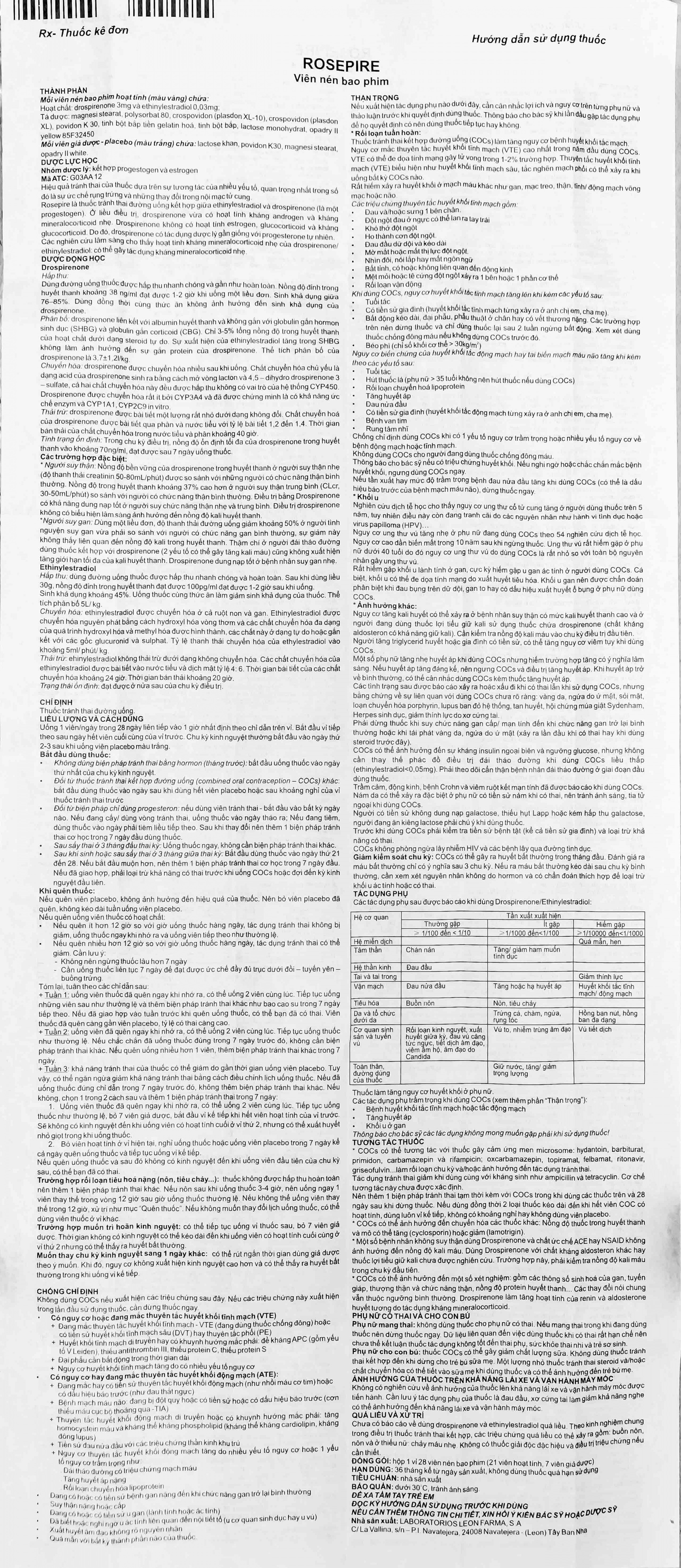 Thuốc Rosepire 3mg/0,03mg Exeltis xanh dùng để tránh thai (1 vỉ x 28 viên)