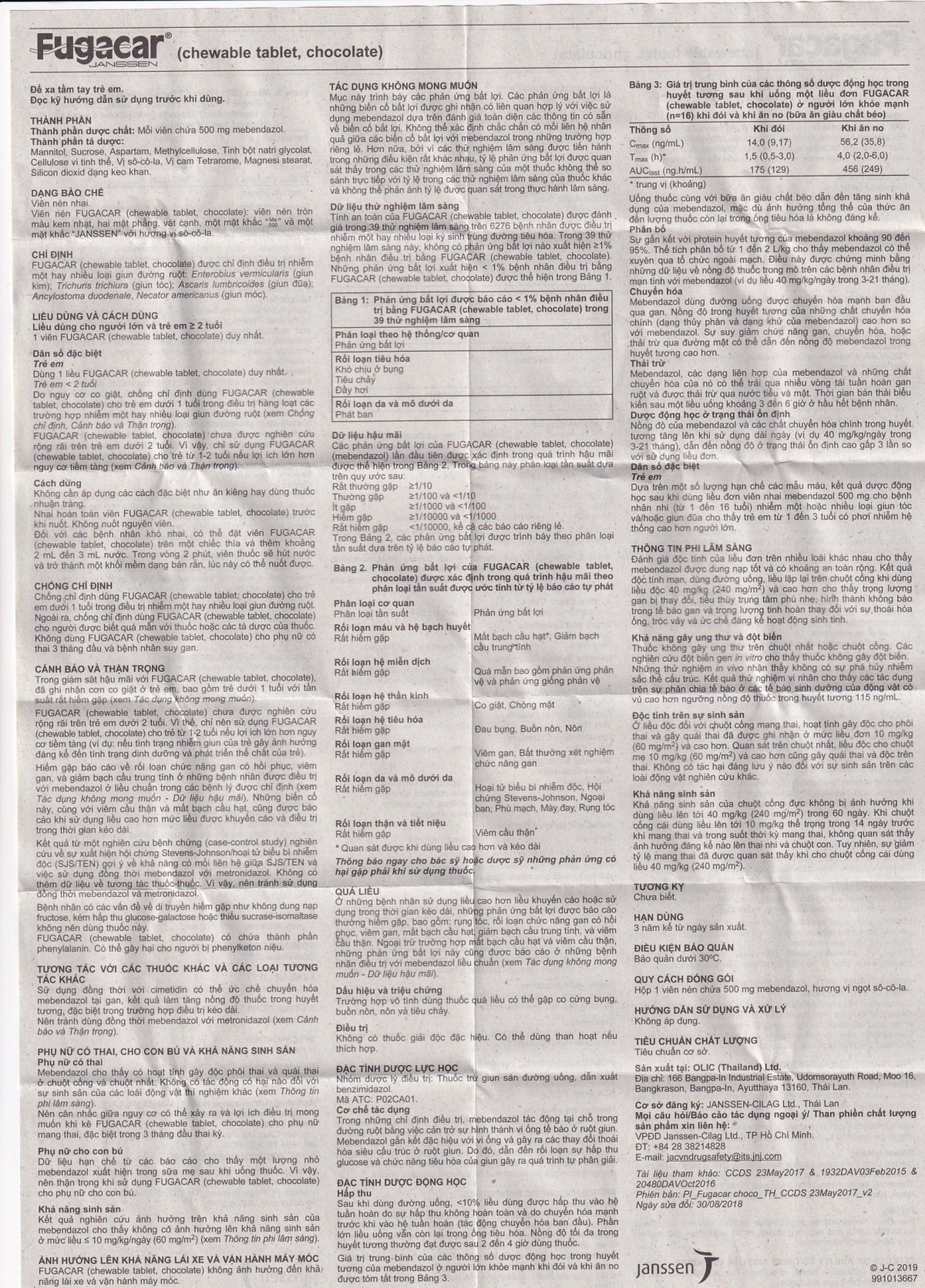 Thuốc Fugacar Janssen hương socola điều trị nhiễm một hay nhiều loại giun đường ruột (1 viên)