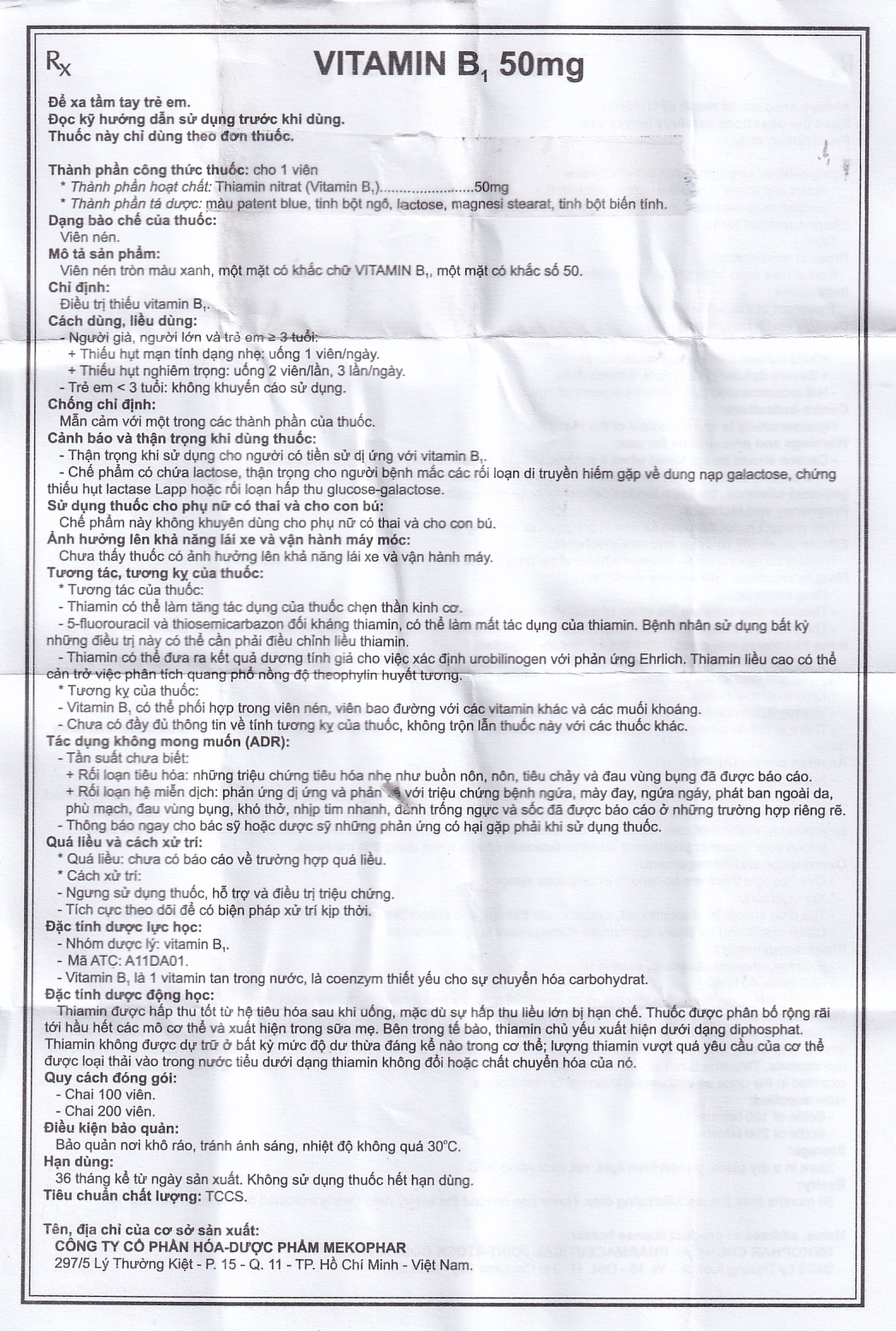 Thuốc Vitamin B1 50mg Mekophar điều trị thiếu Vitamin B (100 viên)
