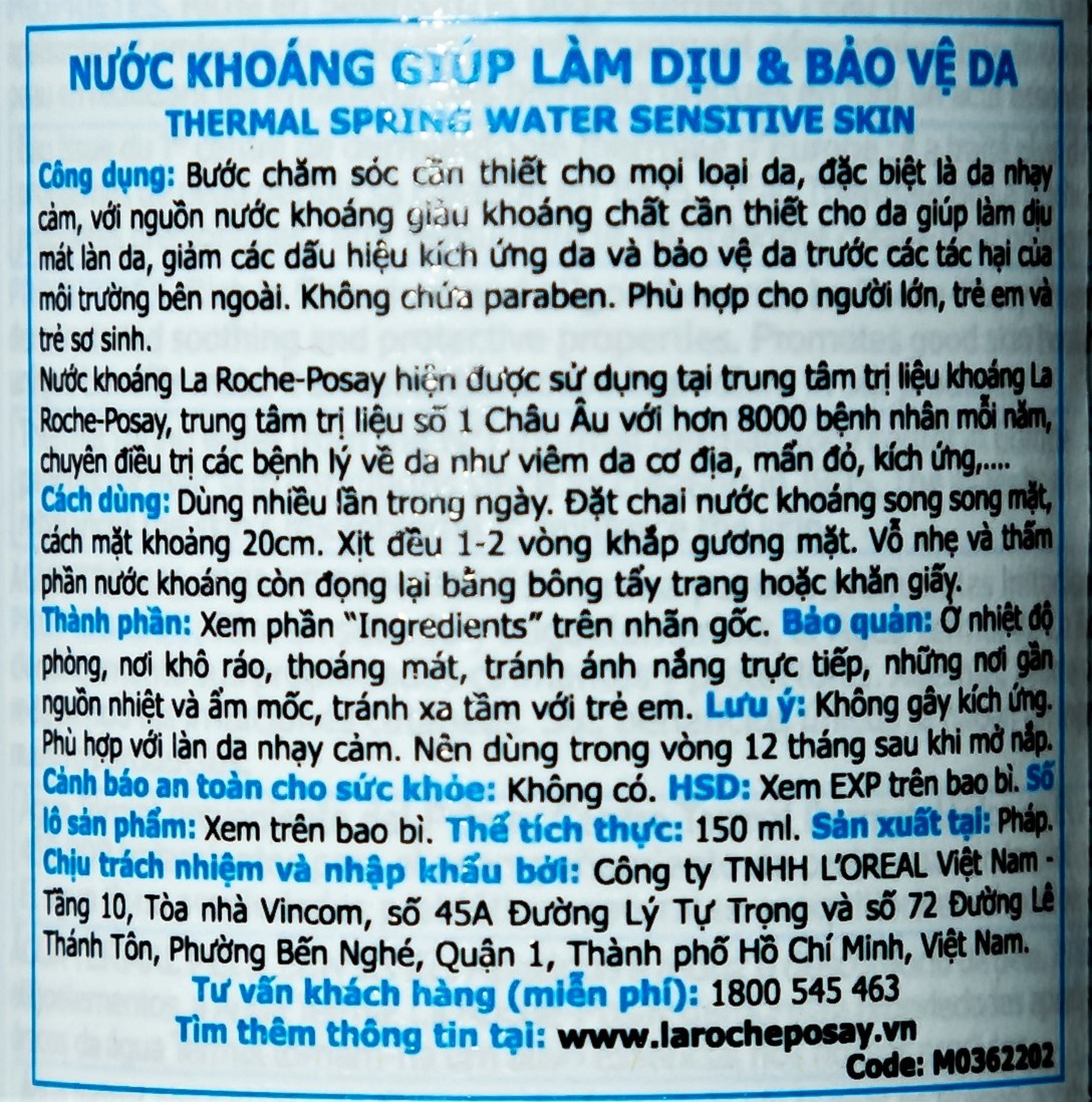 Xịt khoáng La Roche-posay Thermal Spring Water Sensitive Skin giúp làm dịu và bảo vệ da 150ml