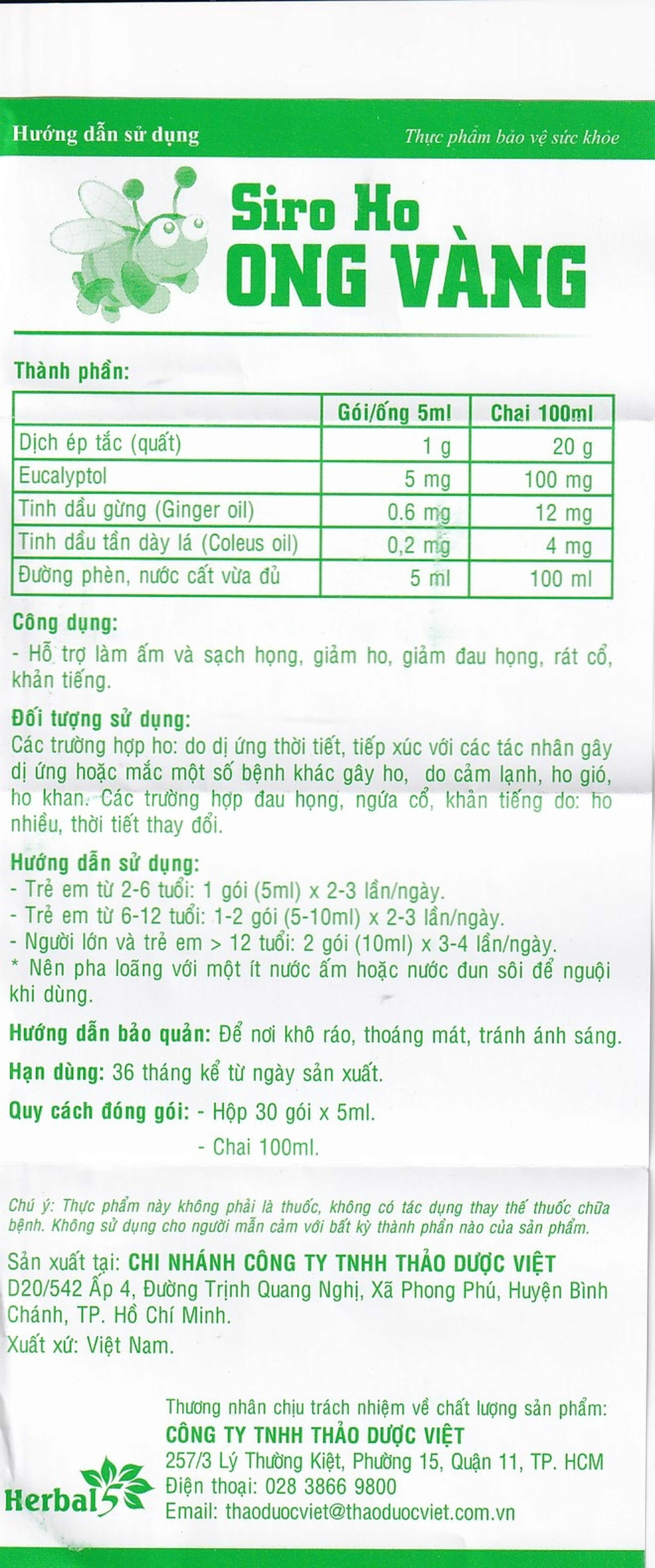 Siro ho Ong Vàng Thảo Dược Việt (100ml)