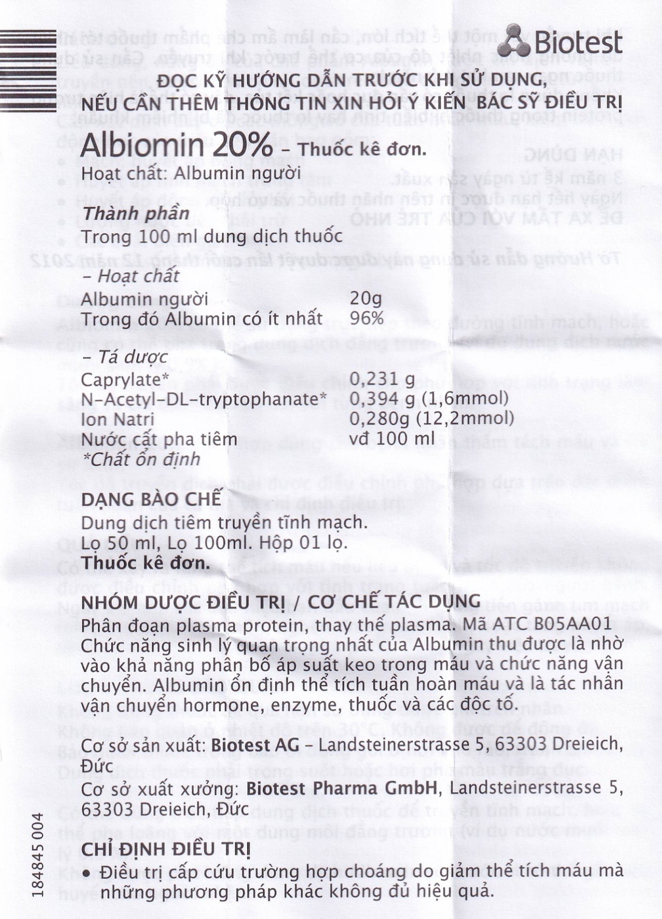 Dịch truyền Albiomin 20% Biotest điều trị cấp cứu trường hợp choáng do giảm thể tích máu (50ml)