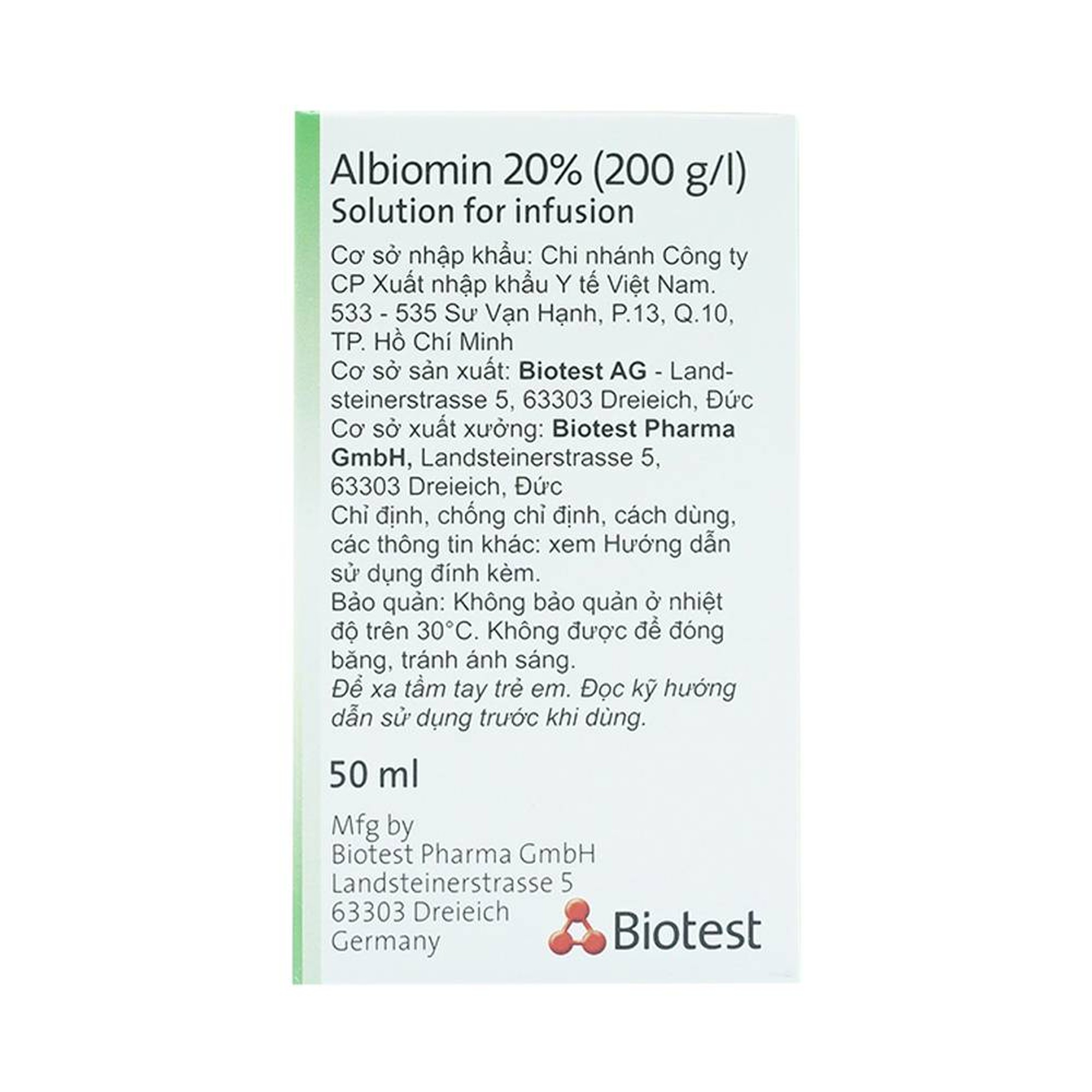 Dịch truyền Albiomin 20% Biotest điều trị cấp cứu trường hợp choáng do giảm thể tích máu (50ml)