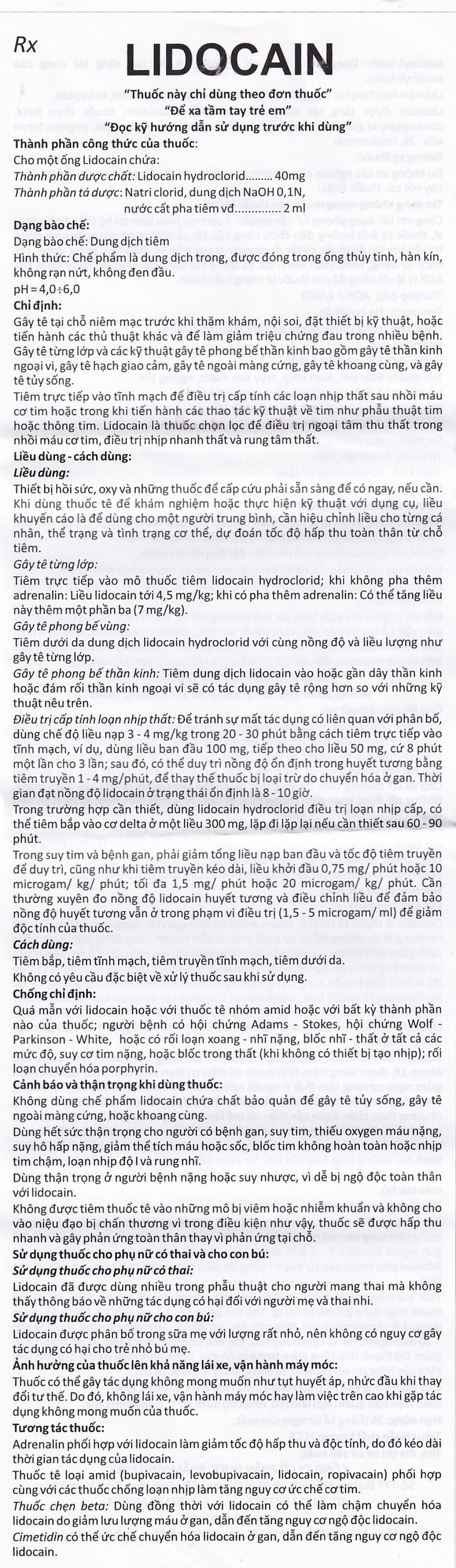 Dung dịch tiêm Lidocain 40mg/2ml Vinphaco gây tê tại chỗ niêm mạc trước (100 ống x 2ml)