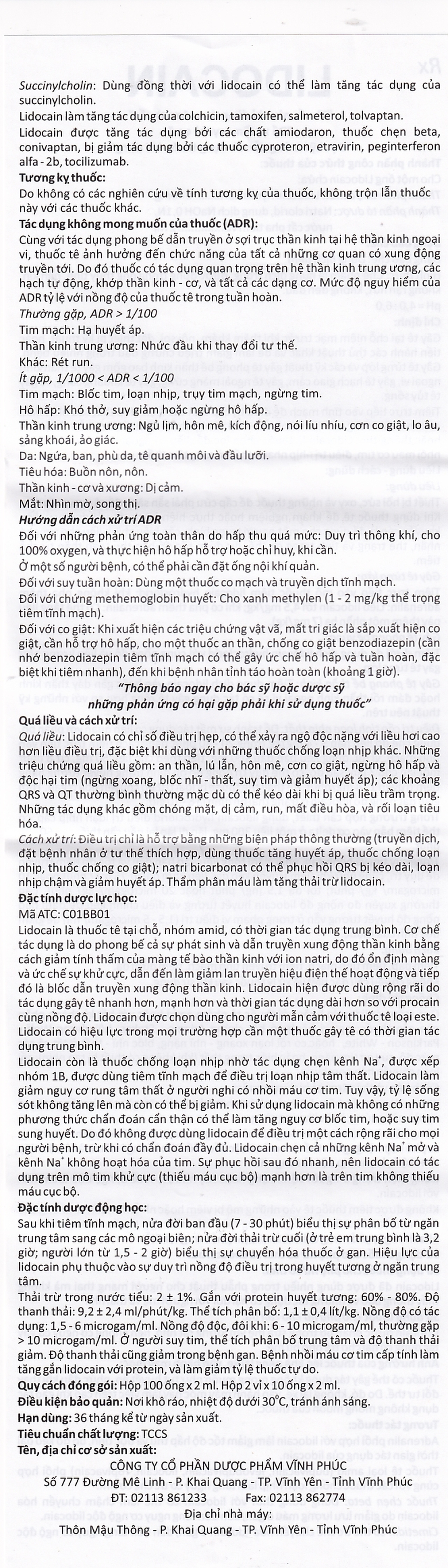 Dung dịch tiêm Lidocain 40mg/2ml Vinphaco gây tê tại chỗ niêm mạc trước (100 ống x 2ml)