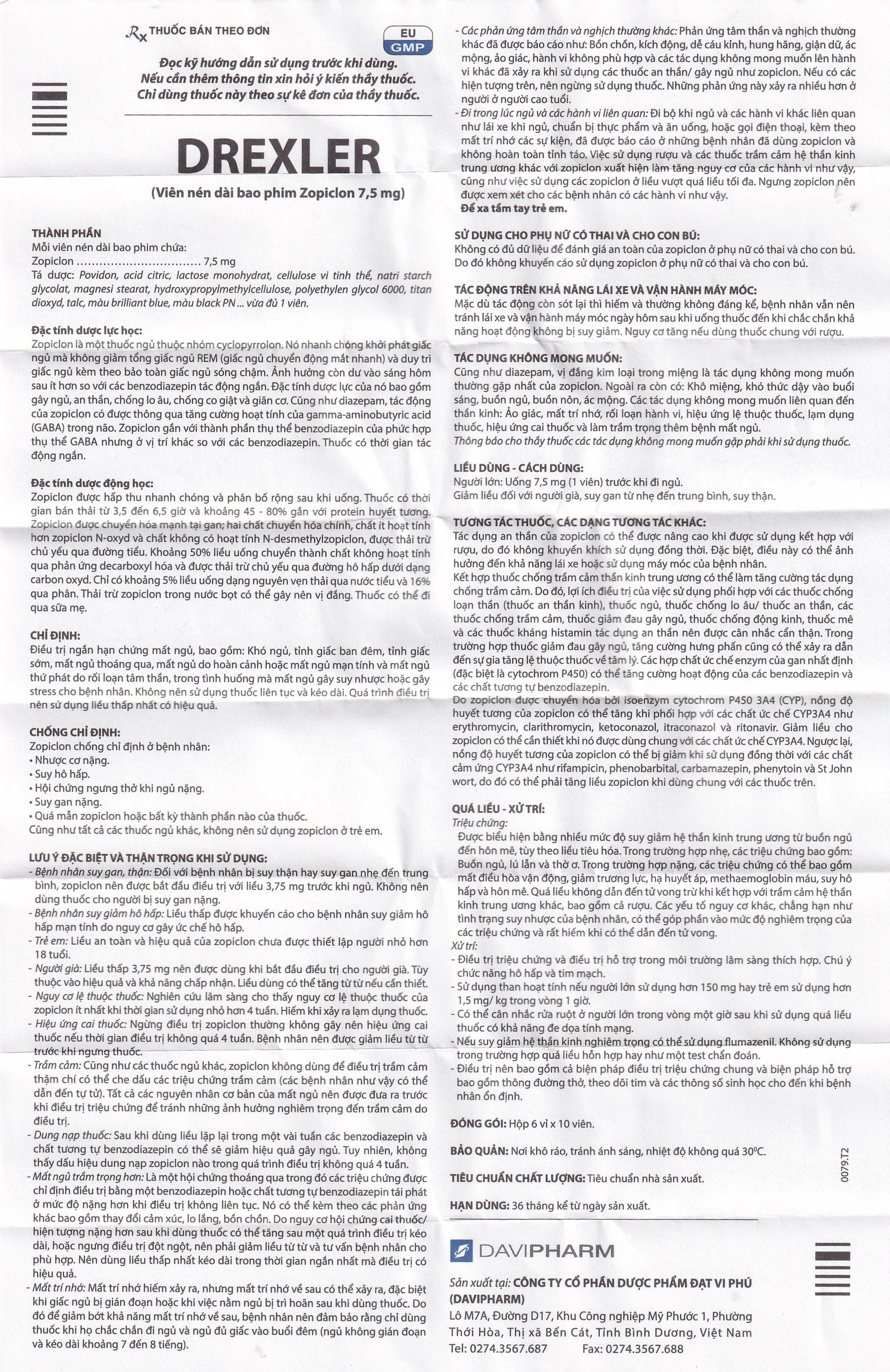 Thuốc Drexler Davipharm điều trị ngắn hạn chứng mất ngủ (60 viên)