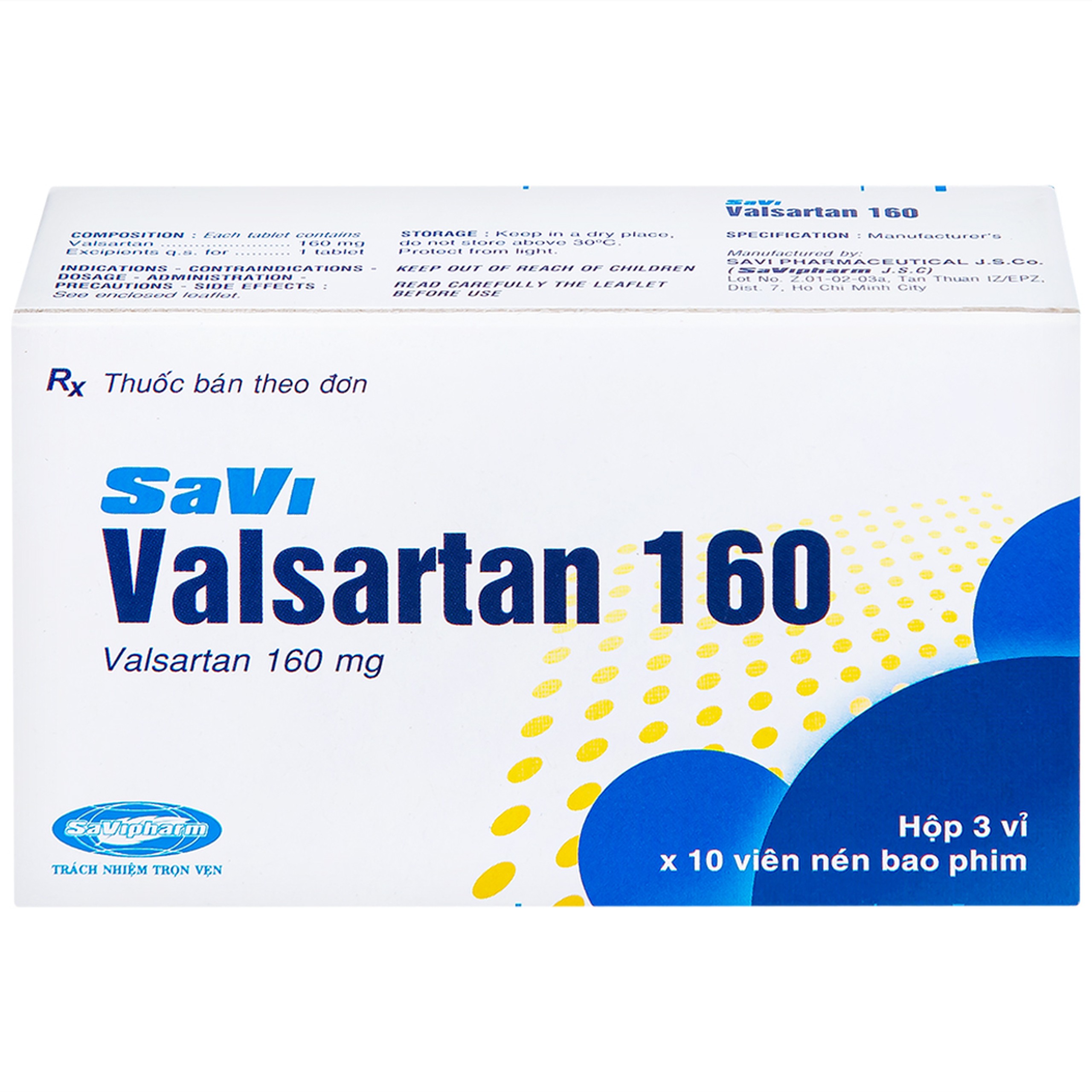 Thuốc Savi Valsartan 160 điều trị tăng huyết áp, nhồi máu cơ tim (3 vỉ x 10 viên)