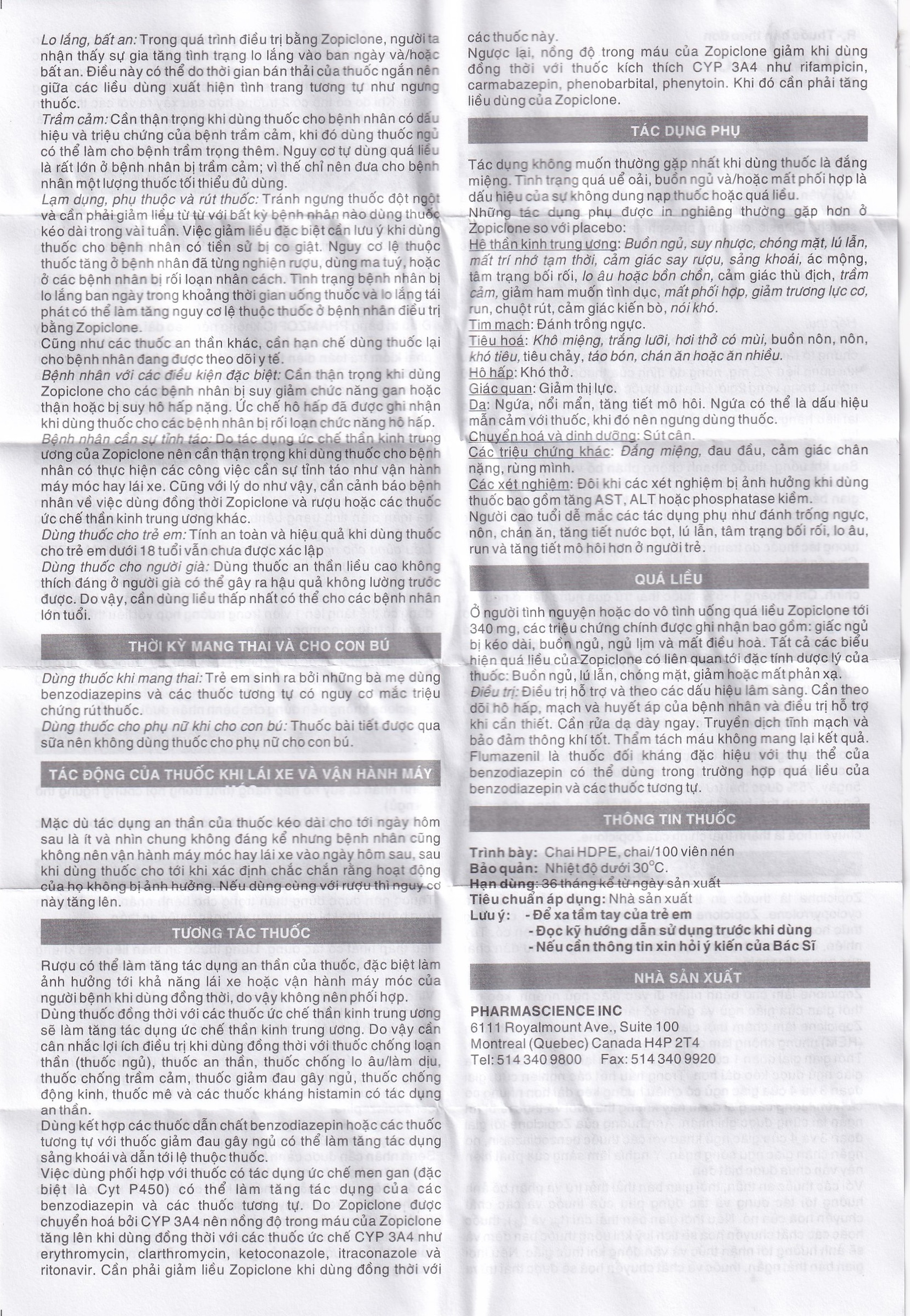 Viên nén Phamzopic 7.5mg Pharmascience điều trị rối loạn giấc ngủ (100 viên)