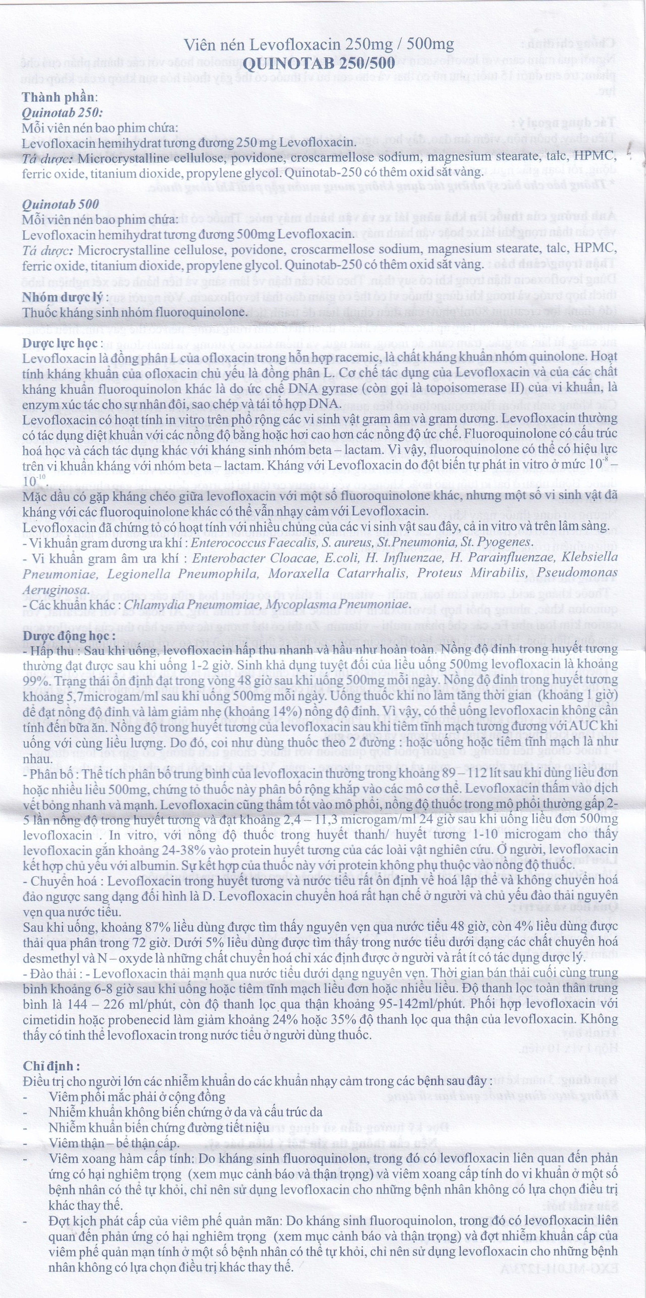 Thuốc Quinotab-500 Micro điều trị các chứng nhiễm trùng (1 vỉ x 10 viên) 