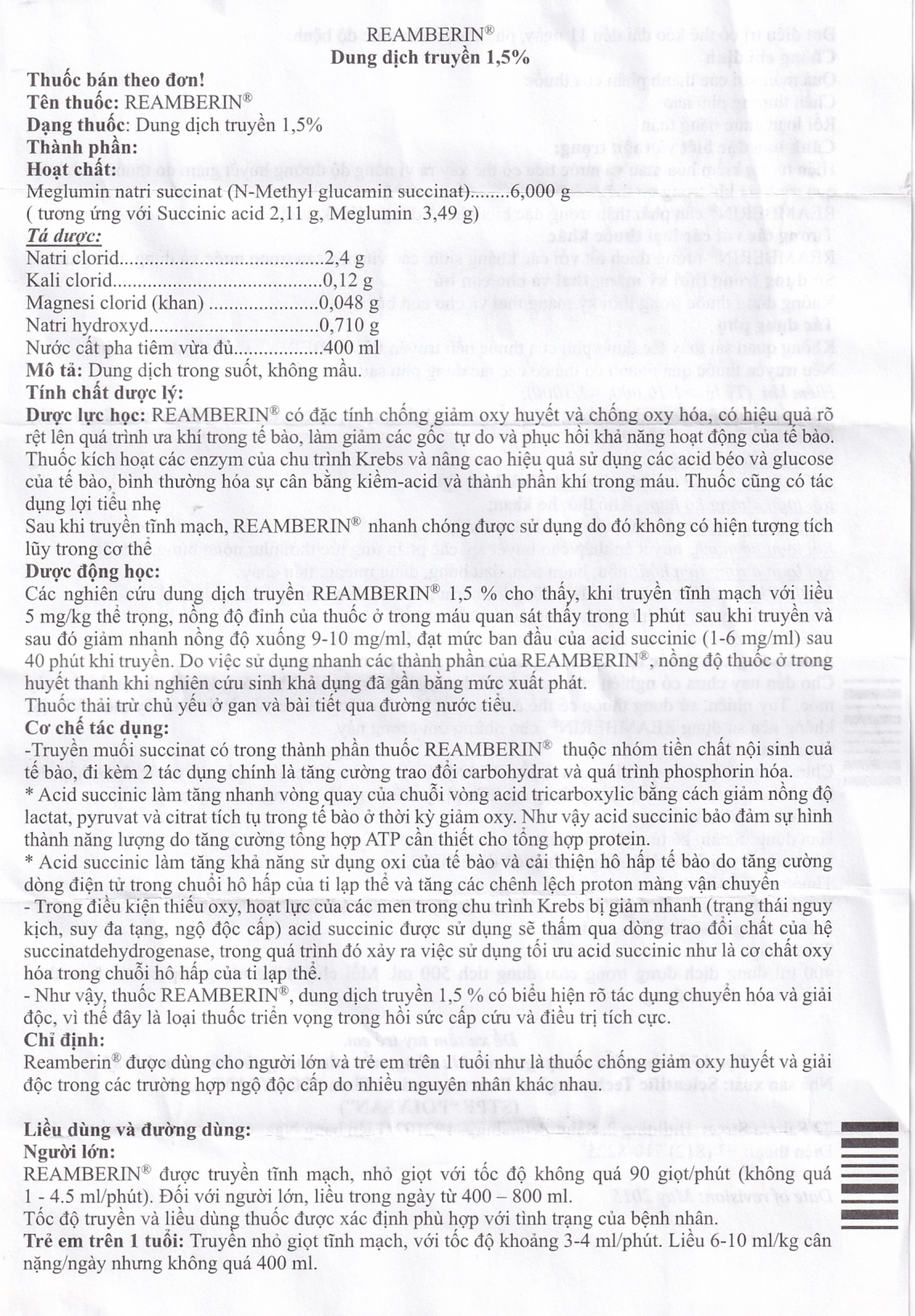 Dung dịch truyền Reamberin Polysan giảm oxy huyết và giải độc (400ml)