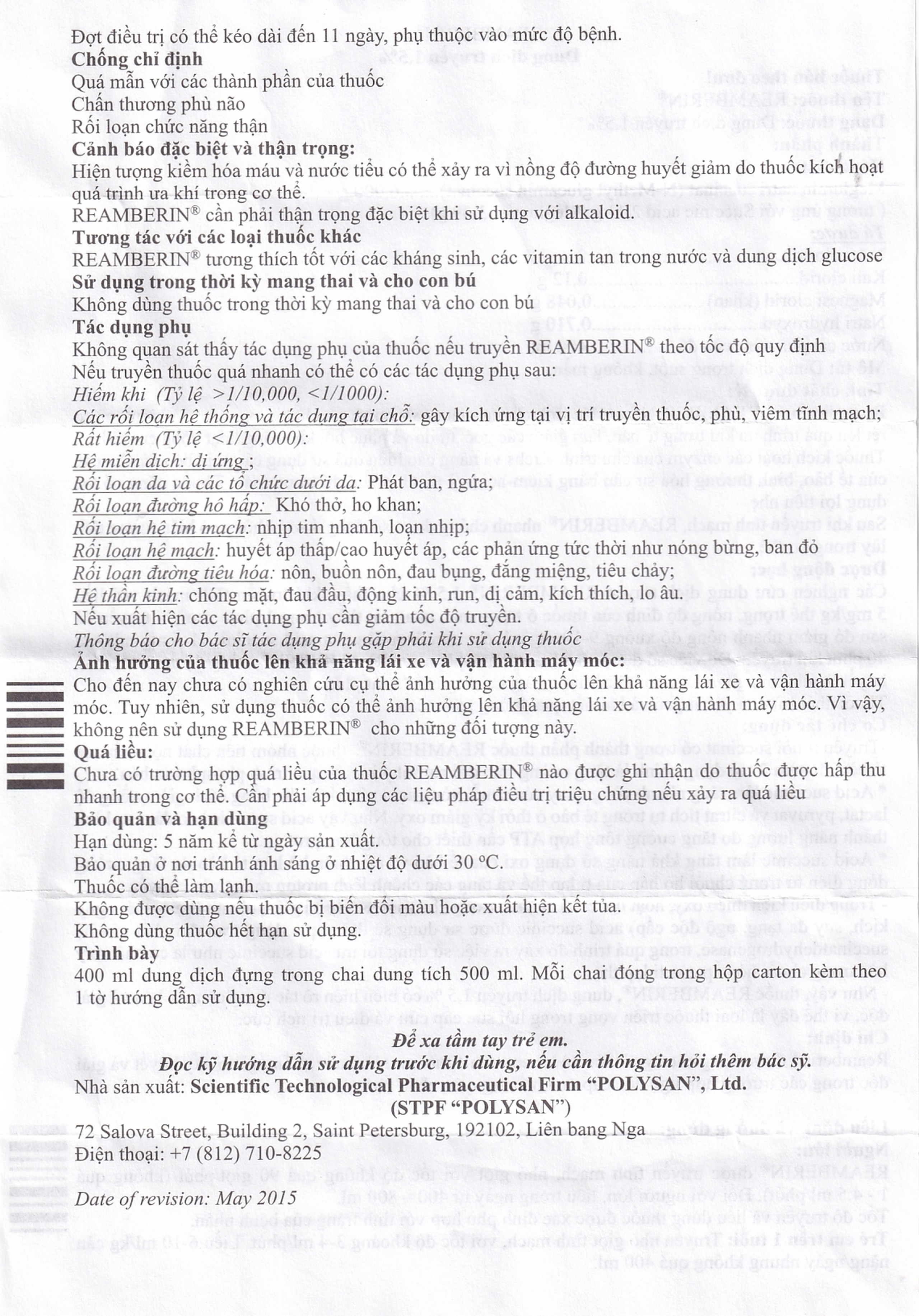 Dung dịch truyền Reamberin Polysan giảm oxy huyết và giải độc (400ml)