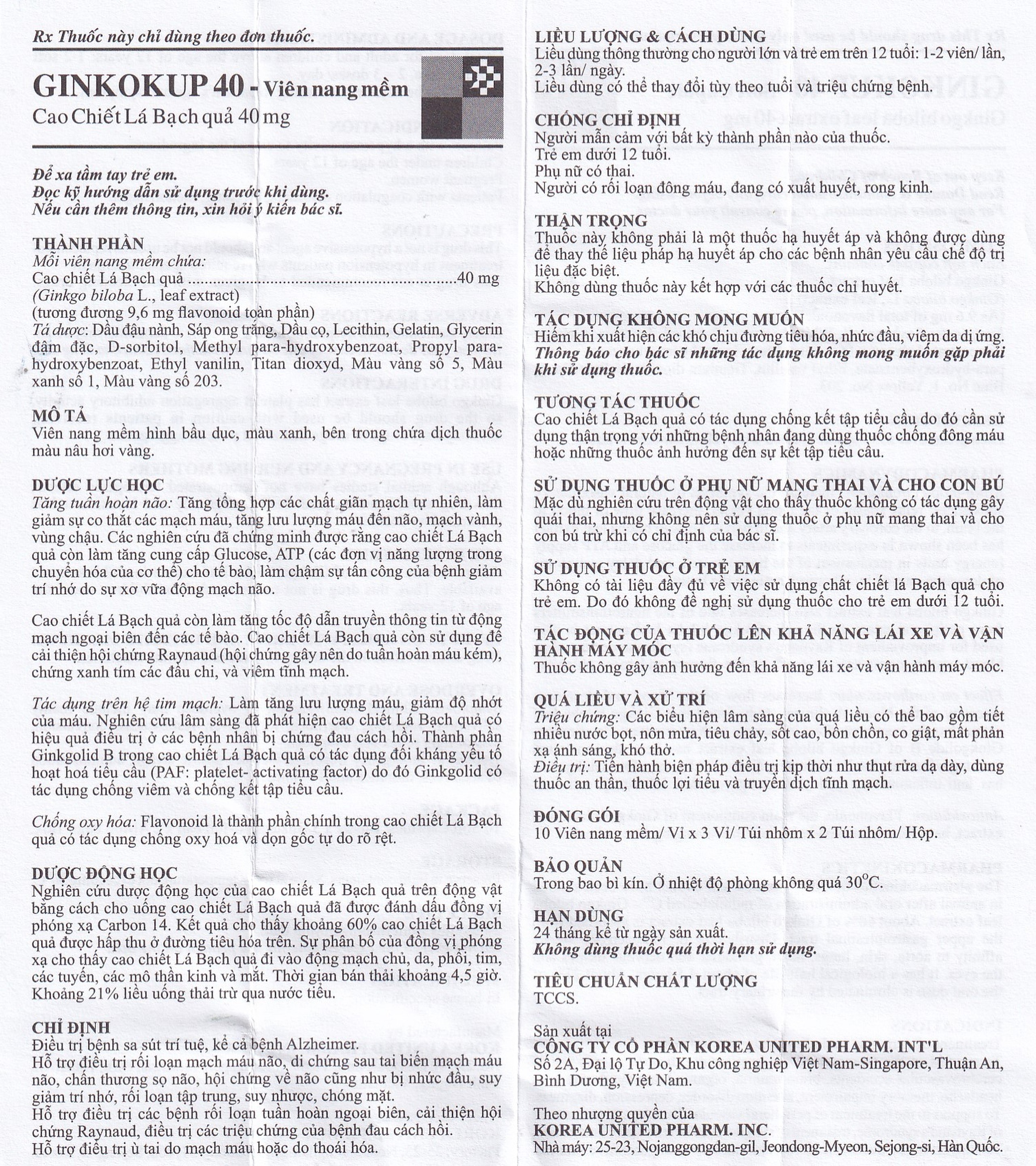 Thuốc Ginkokup 40 Korea United điều trị bệnh sa sút trí tuệ, bệnh Alzheimer, rối loạn mạch máu não (6 vỉ x 10 viên)