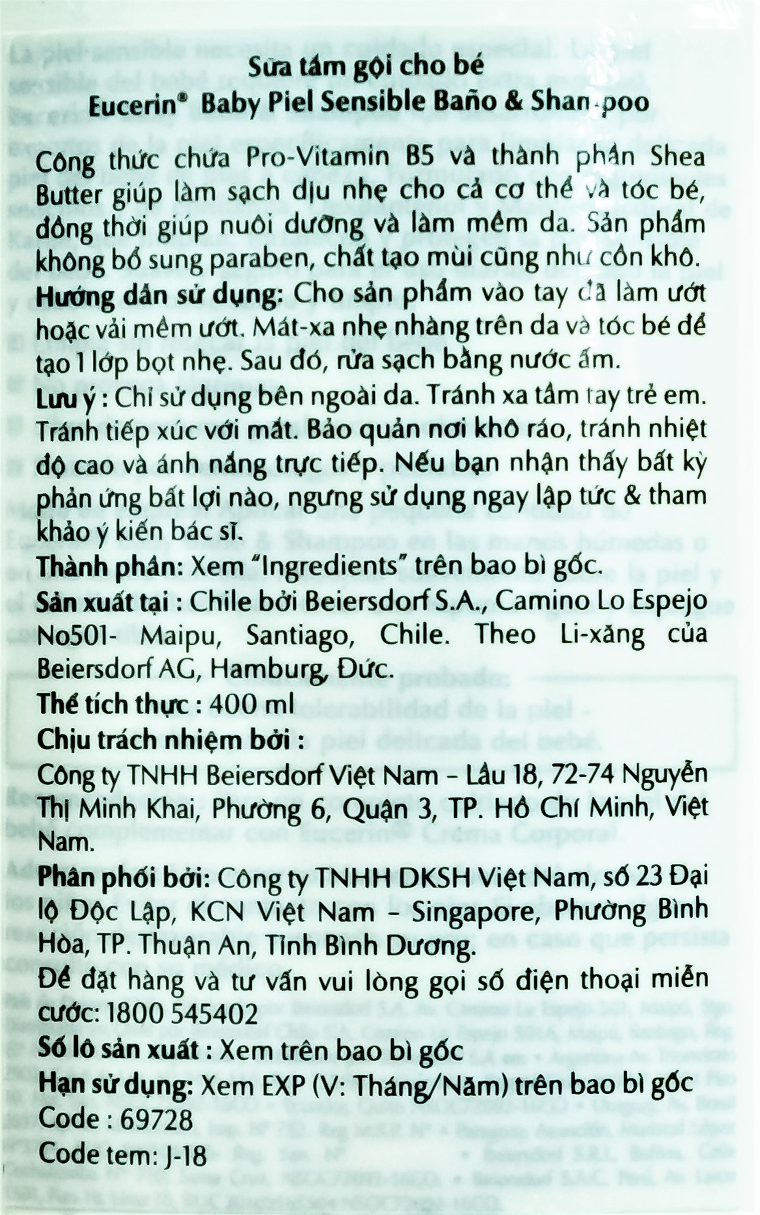 Sữa tắm gội Eucerin Baby Wash & Shampoo làm sạch dịu nhẹ mái tóc và làn da của bé (400ml)