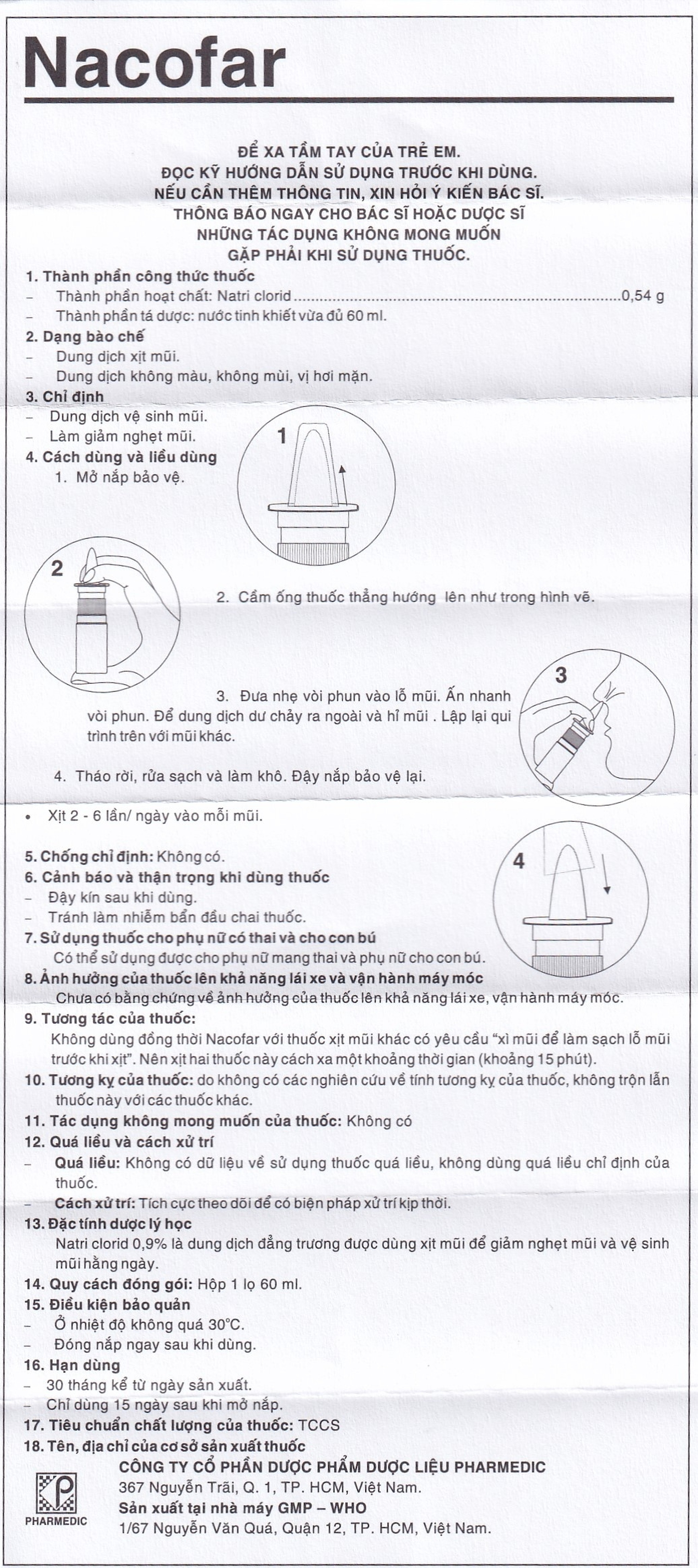Dung dịch xịt mũi Nacofar Pharmadic vệ sinh mũi, giảm nghẹt mũi (60ml)