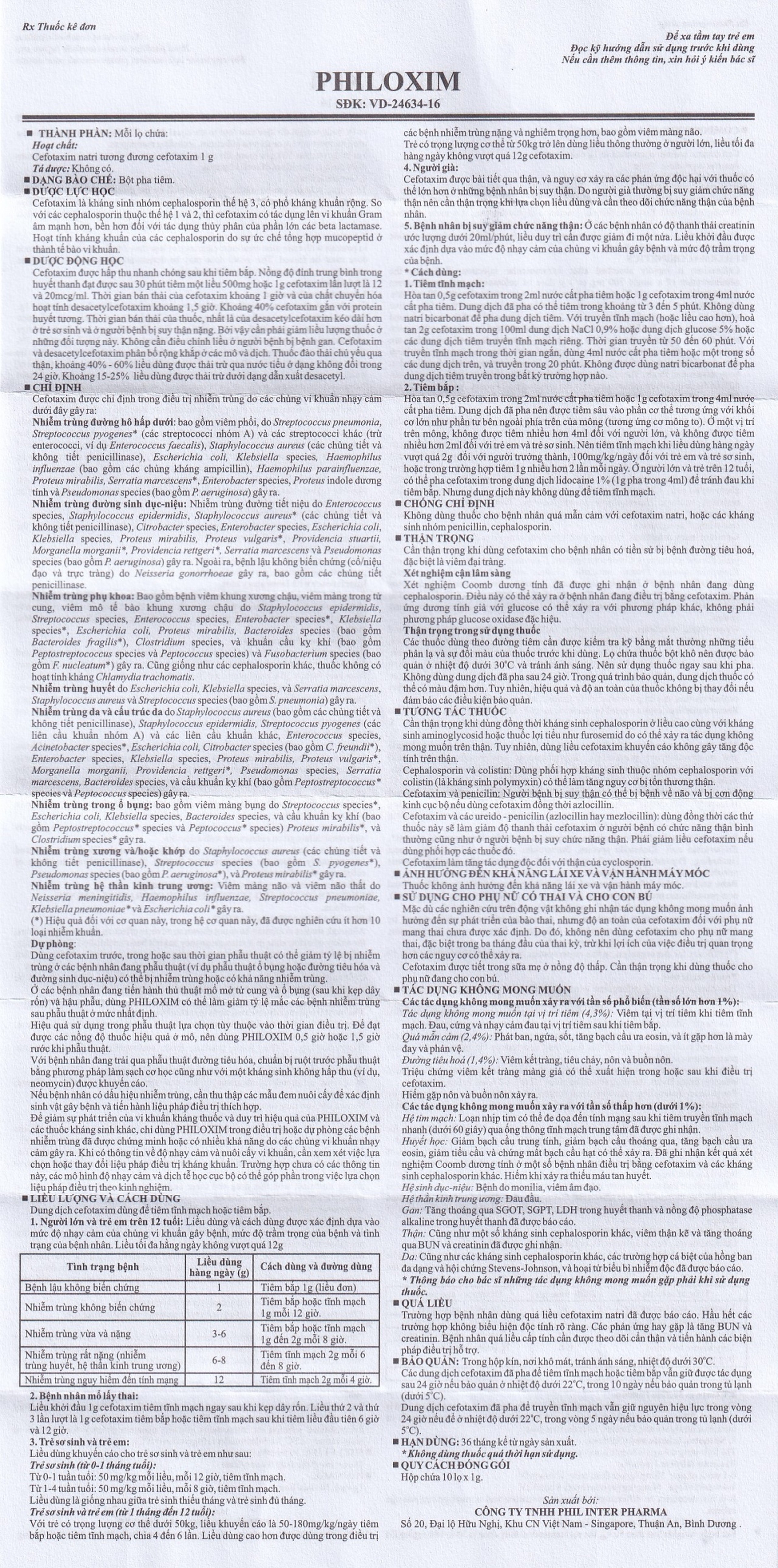 Bột pha tiêm Philoxim 1g Phil Inter Pharma điều trị nhiễm trùng do các chủng vi khuẩn (10 chai)