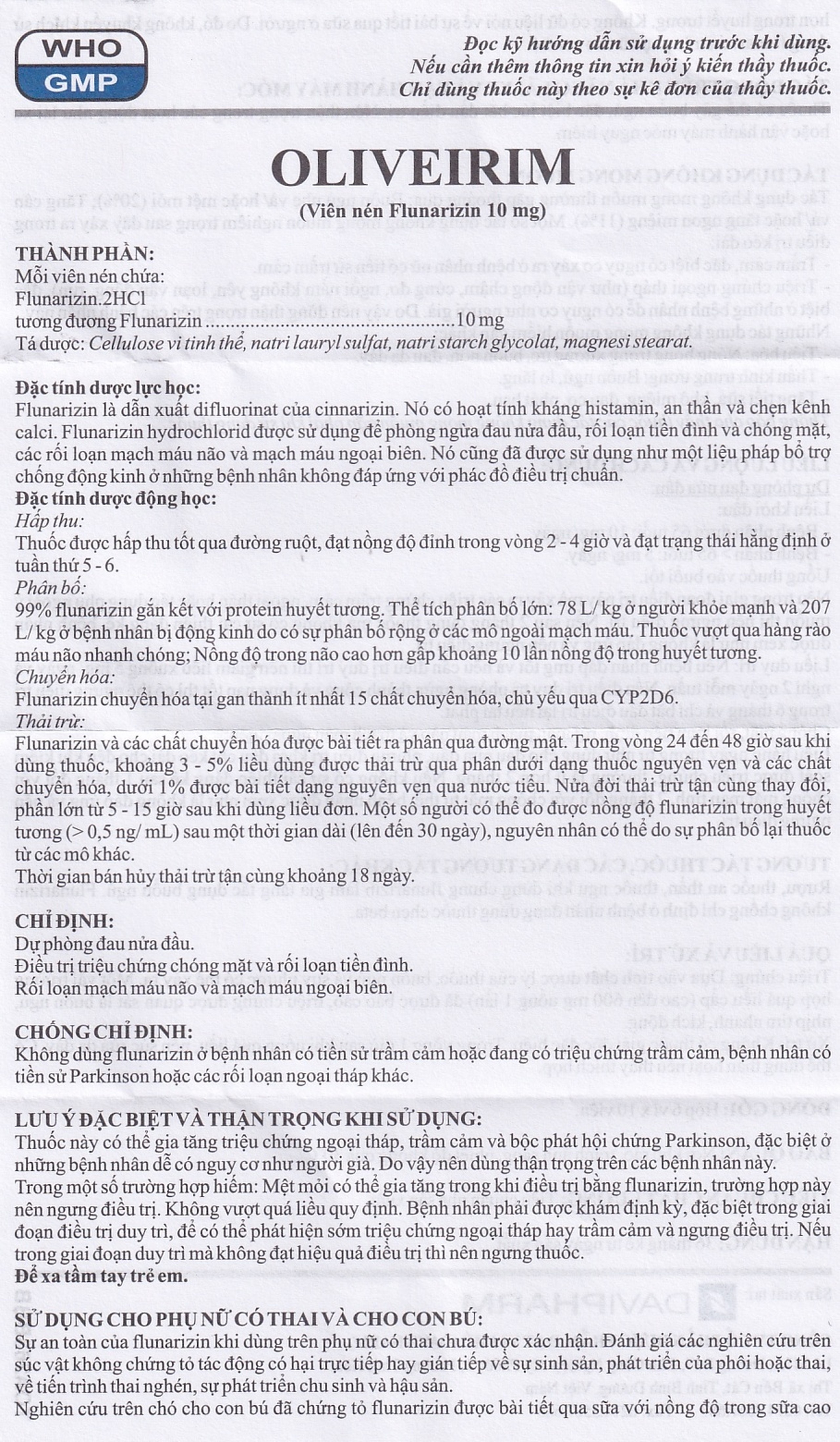 Viên nén Oliveirim 10mg DaViPharm dự phòng đau nửa đầu, điều trị chứng chóng mặt (6 vỉ x 10 viên) 