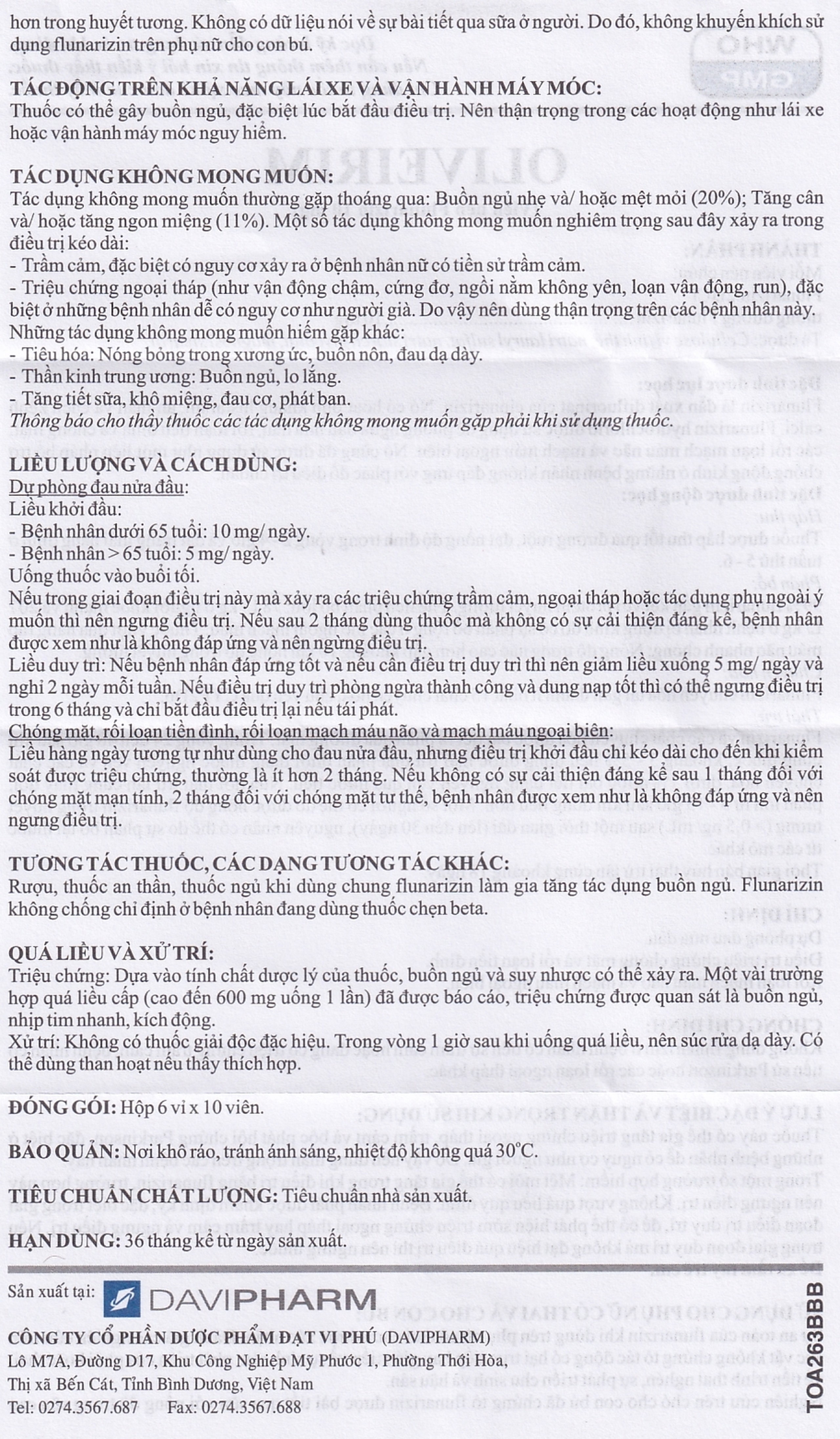 Viên nén Oliveirim 10mg DaViPharm dự phòng đau nửa đầu, điều trị chứng chóng mặt (6 vỉ x 10 viên) 