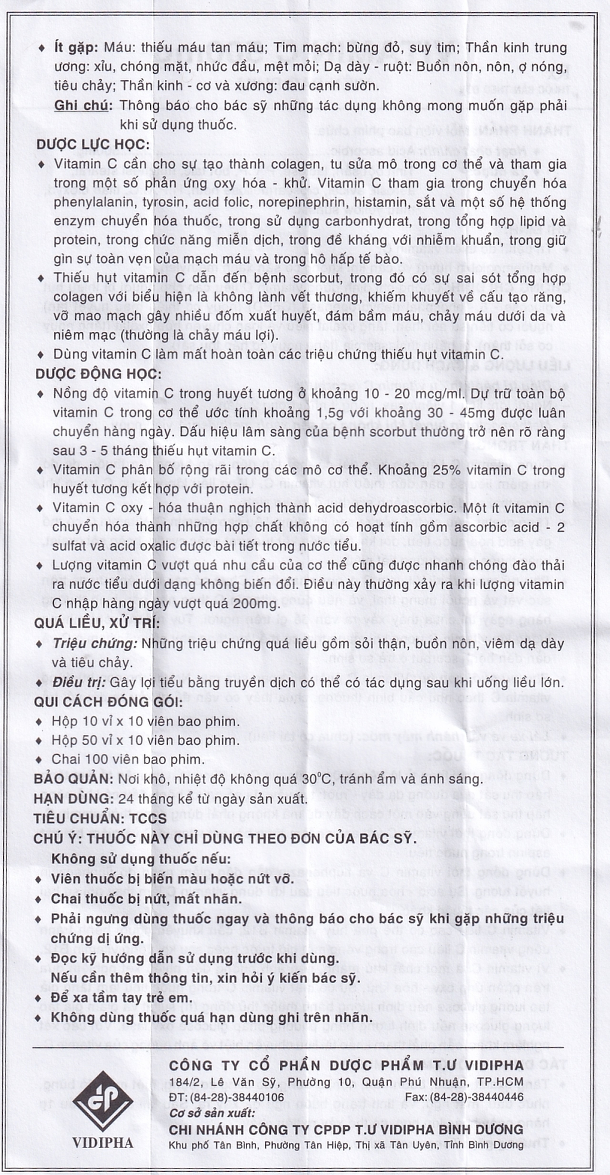 Thuốc Vitamin C 500mg Vidipha điều trị bệnh do thiếu Vitamin C (10 vỉ x 10 viên)