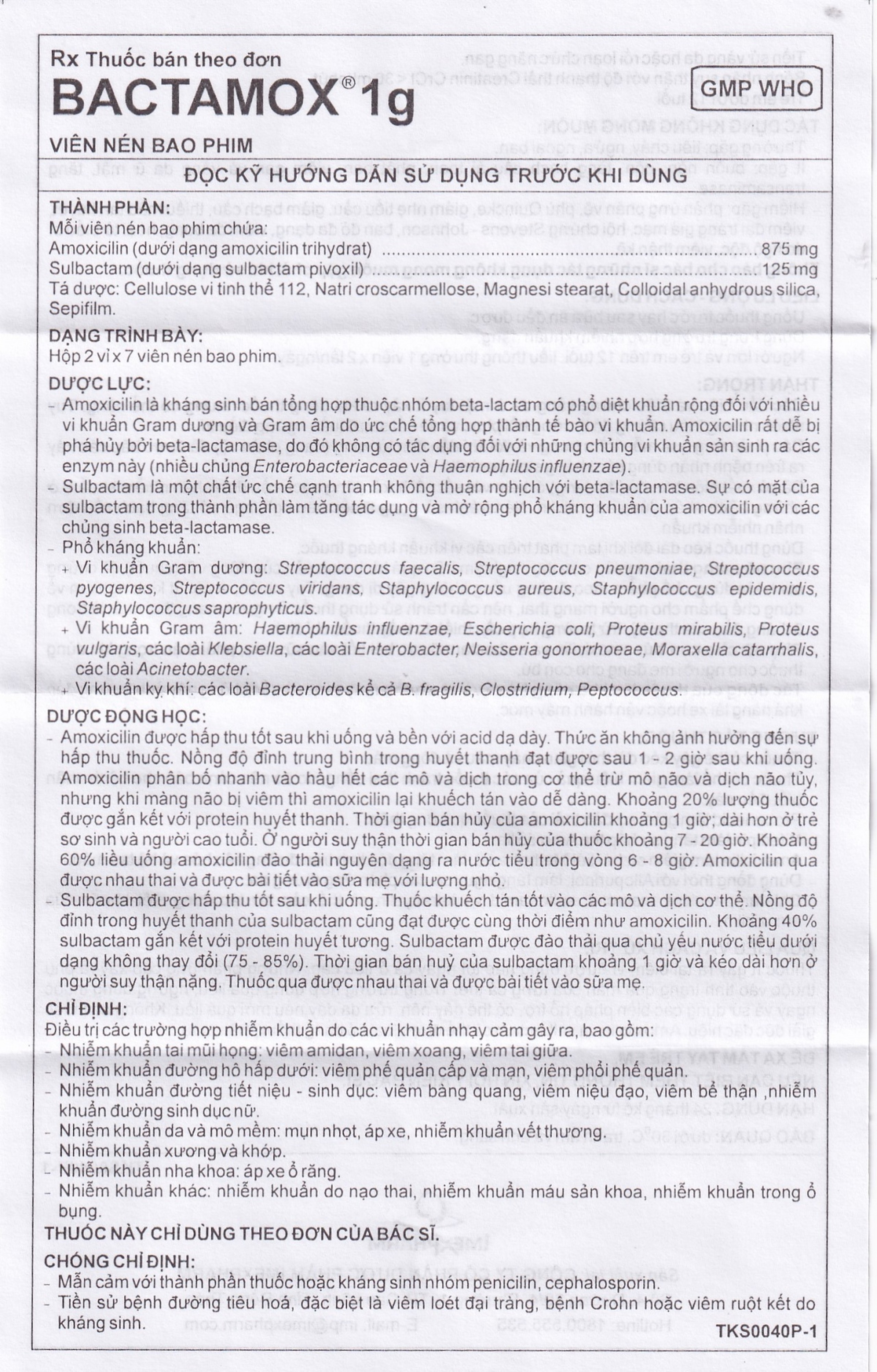 Thuốc Bactamox 1g Imexpharm điều trị nhiễm khuẩn (2 vỉ x 7 viên)