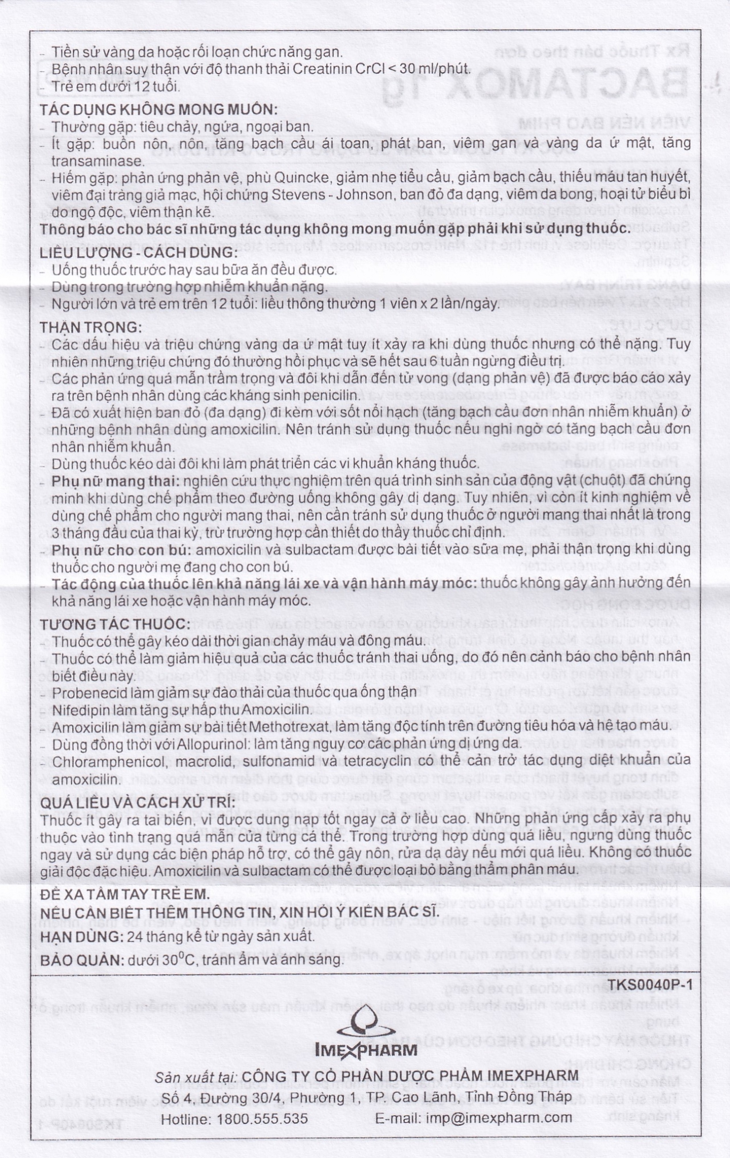 Thuốc Bactamox 1g Imexpharm điều trị nhiễm khuẩn (2 vỉ x 7 viên)