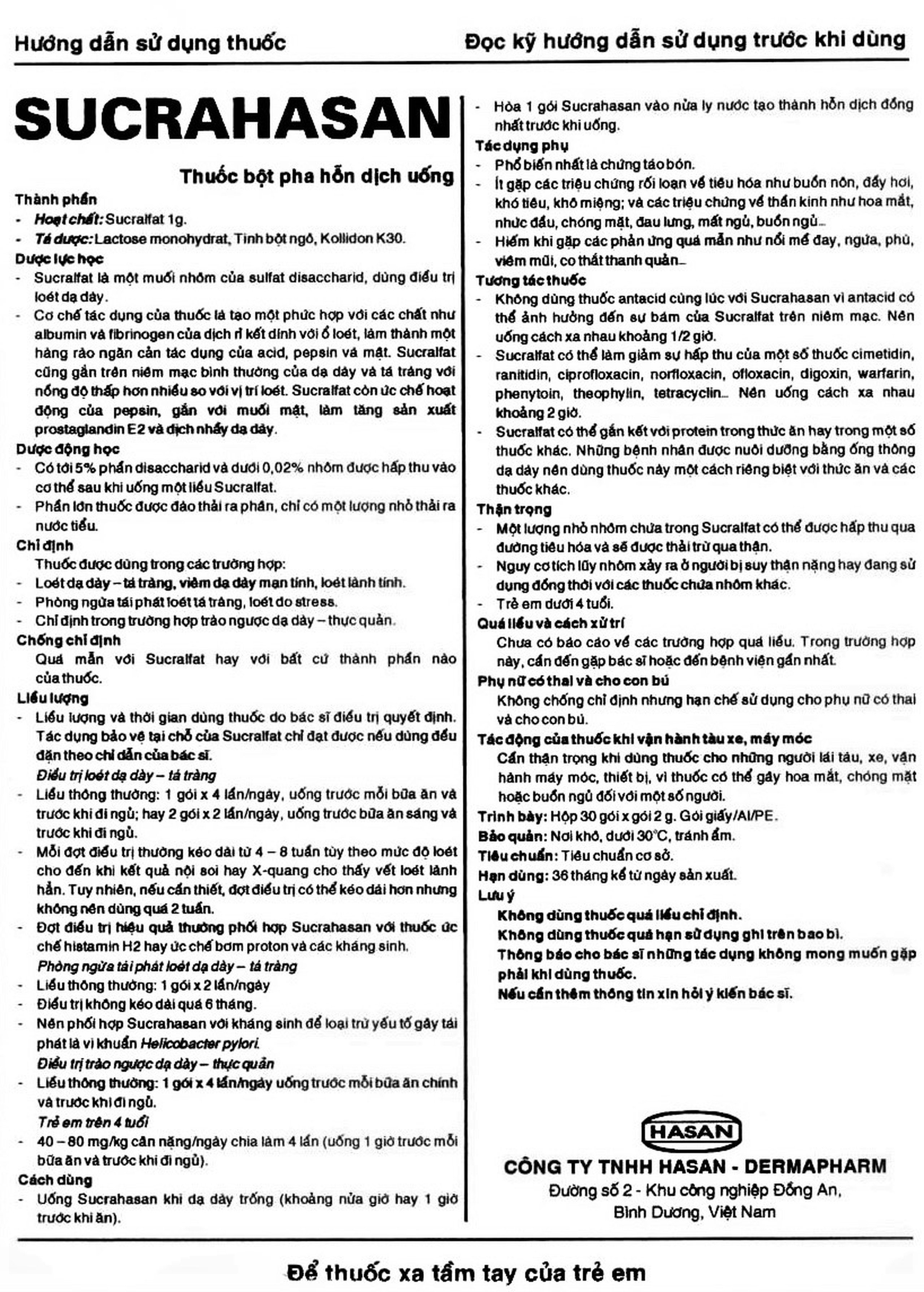 Thuốc bột pha hỗn dịch uống Sucrahasan Hasan điều trị loét dạ dày, tá tràng (30 gói) 
