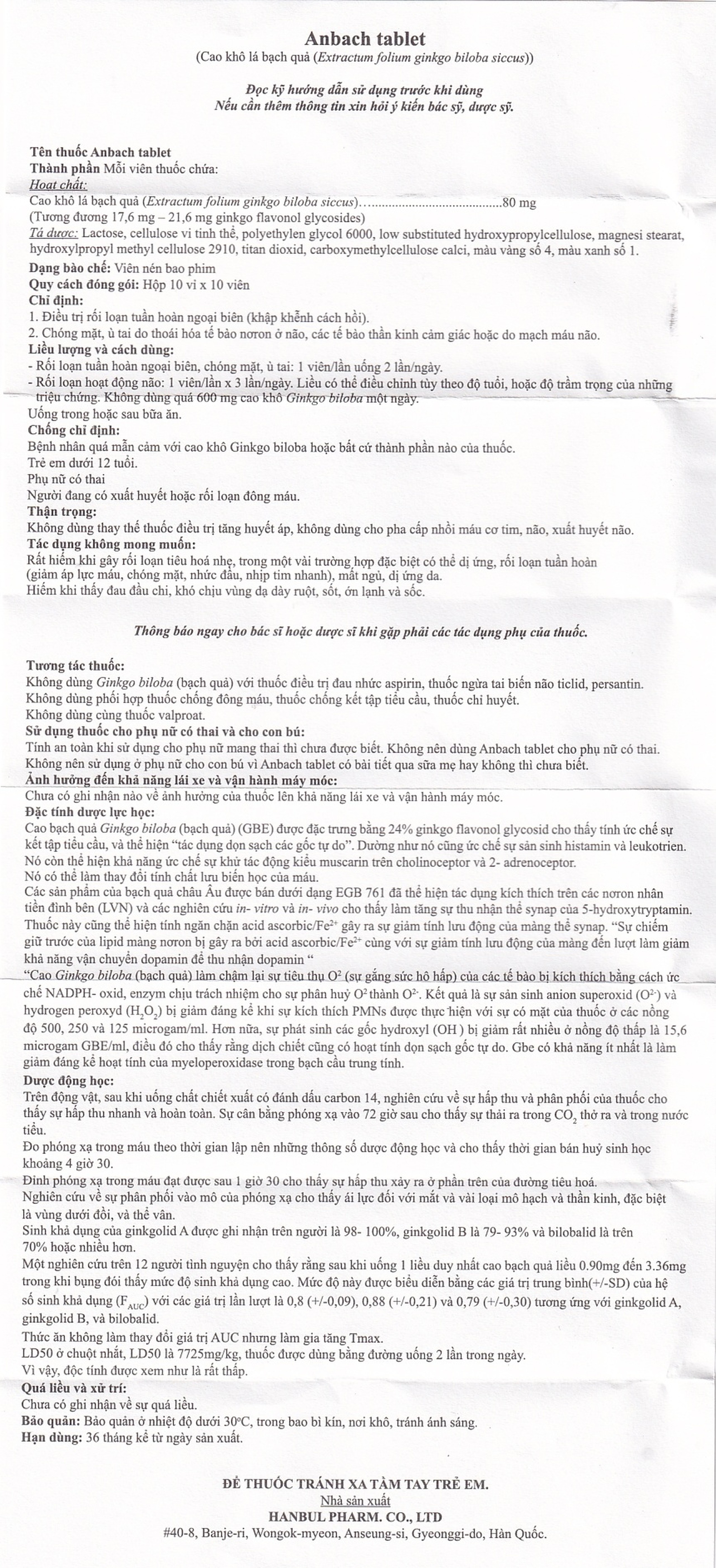 Thuốc Anbach Tablet Hanbul Pharm điều trị rối loạn tuần hoàn ngoại biên (10 vỉ x 10 viên)