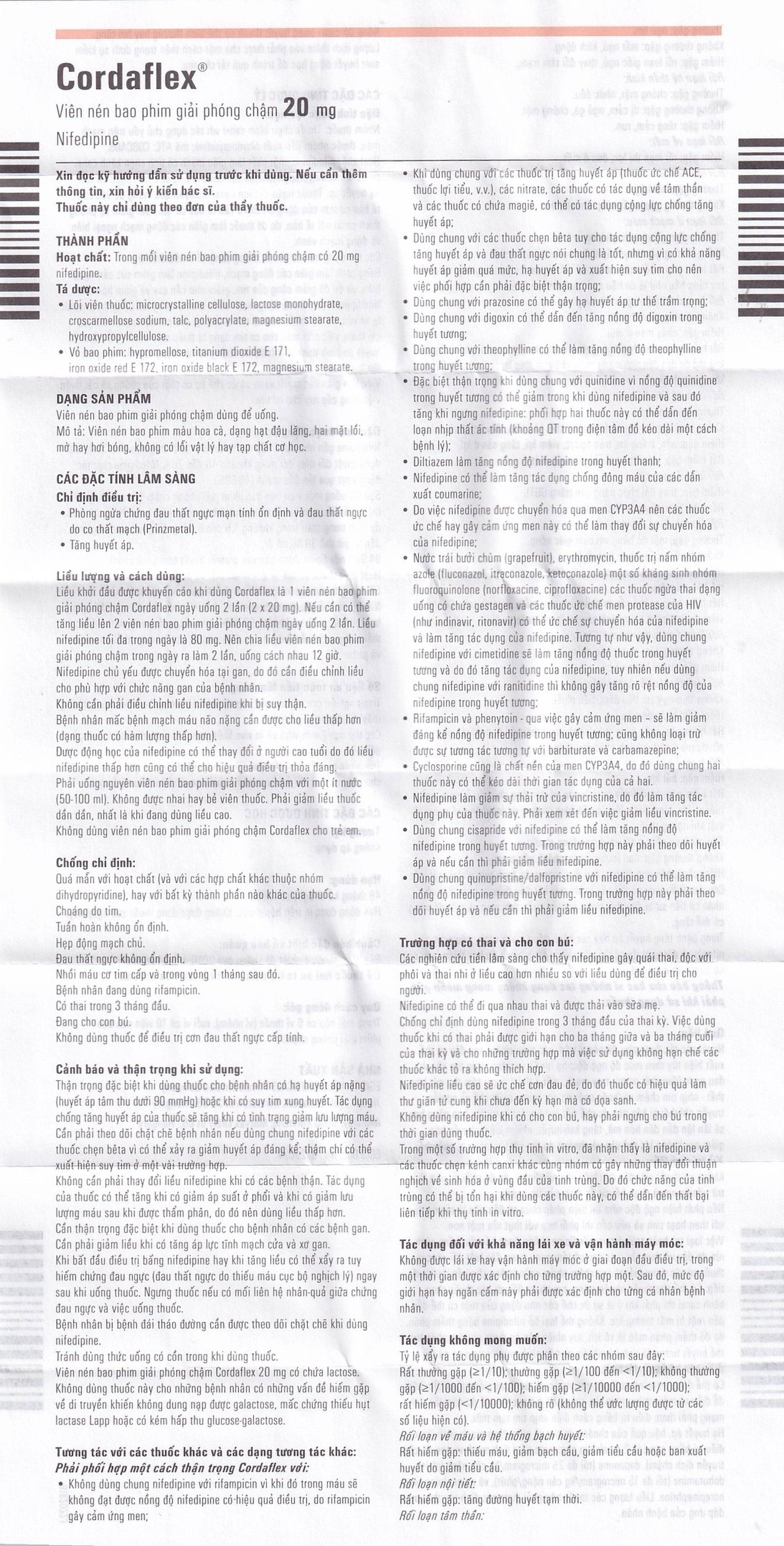 Thuốc Cordaflex 20mg Egis Pharma phòng ngừa chứng đau thắt ngực, tăng huyết áp (6 vỉ x 10 viên)